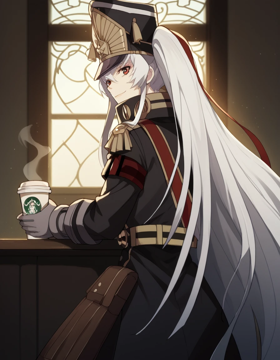 score_9, score_8_up, score_7_up, source_anime, <lora:recreators-altair-s1-ponyxl-lora-nochekaiser:1>, altair, long hair, red eyes, very long hair, white hair, medium breasts,, gloves, hat, uniform, military, military uniform, shako cap,, cafe, coffee cup, barista, sitting down, talking, relaxing, sunlight through window, smile, <lora:shaft-look-ponyxl-lora-nochekaiser:1>, shaft look, looking back, from behind, head tilt,, looking at viewer, solo,, dutch angle, cowboy shot