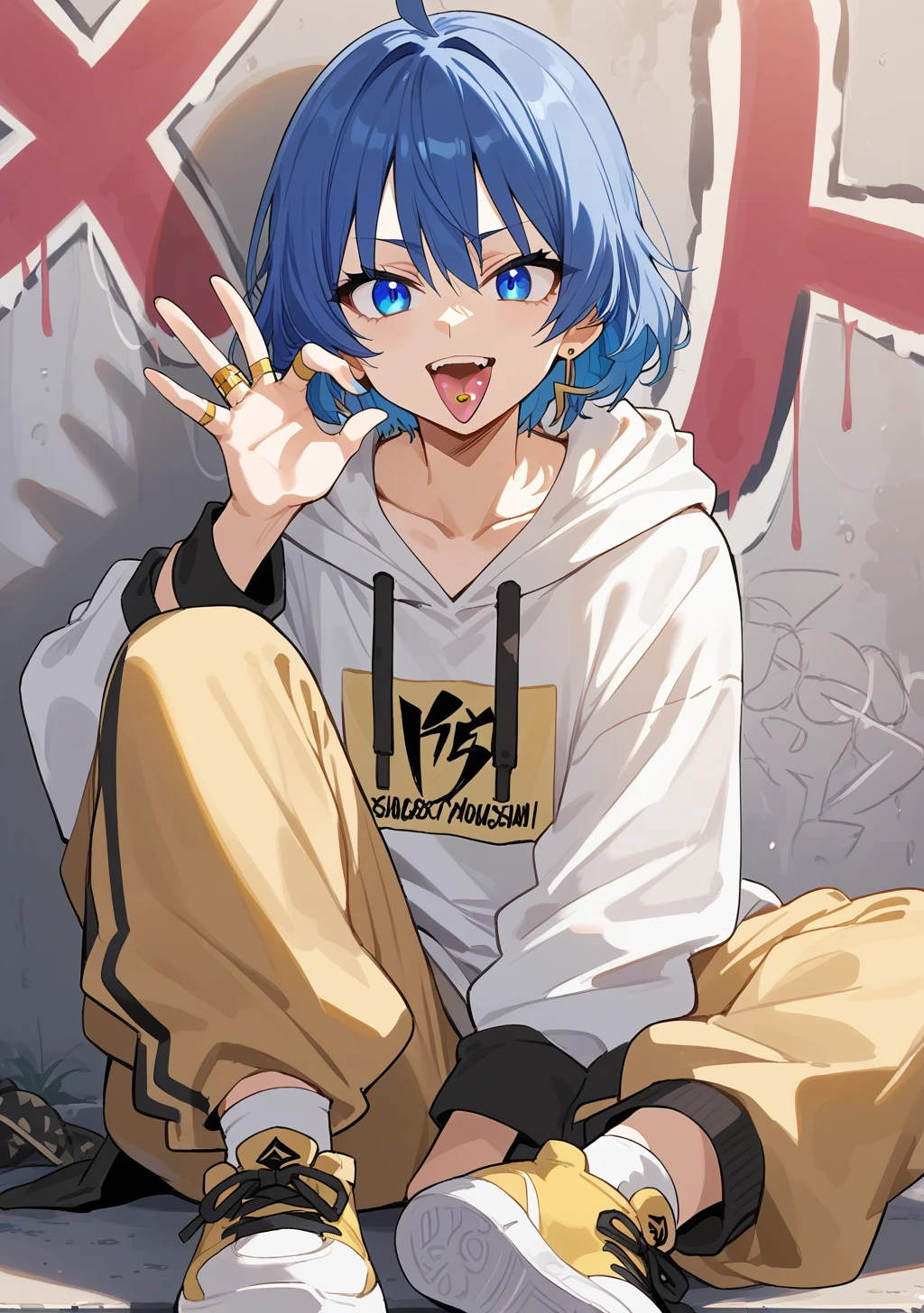 score_9, score_8_up, score_7_up, source_anime,high detail, detailed face,1girl,shukusei_lo, blue eyes, blue hair,short hair, <lora:shukusei_lo:0.8>, alternate costume,rapper,baggy clothes,hoodie,baggy pants,sneakers,gold ring,accessories,depth of field,PONYXL_GraffitiWall_ownwaifu,graffiti, against wall,sitting,proud,Naughty,tongue piercing,tongue out,<lora:PONYXL_GraffitiWall_ownwaifu:0.8>