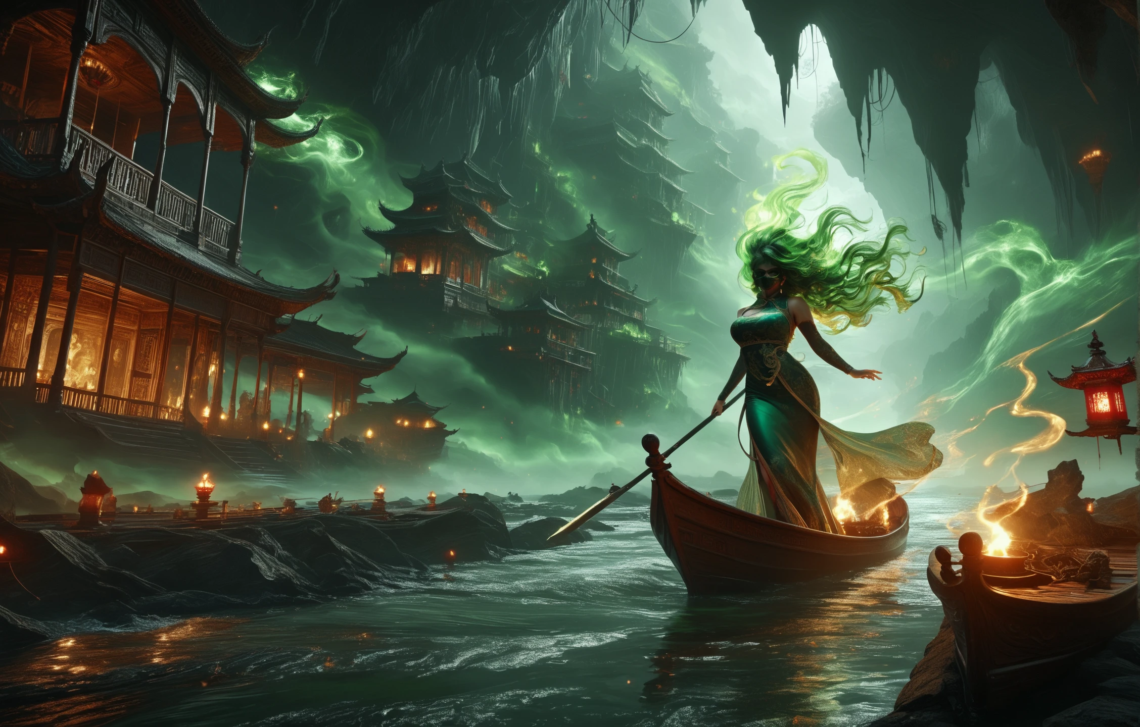 score_9, score_8_up, score_7_up, 1girl, abyssmerald, dark, haunting, green fog, cave, a beautiful Asian girl, glowing eyes, long wavy hair, covered eyes, eye mask, wearing chinese clothes, glowing hair, floating hair, large breasts, narrow waist, wide hips, thousand skulls made of green and blue flame flying around her, magic, aura, energy flow, standing on a wooden boat, a long river, water reflection, red lantern, background fantasy, ancient background, masterpiece, top quality, best quality, official art, cinematic lightings, photorealistic.