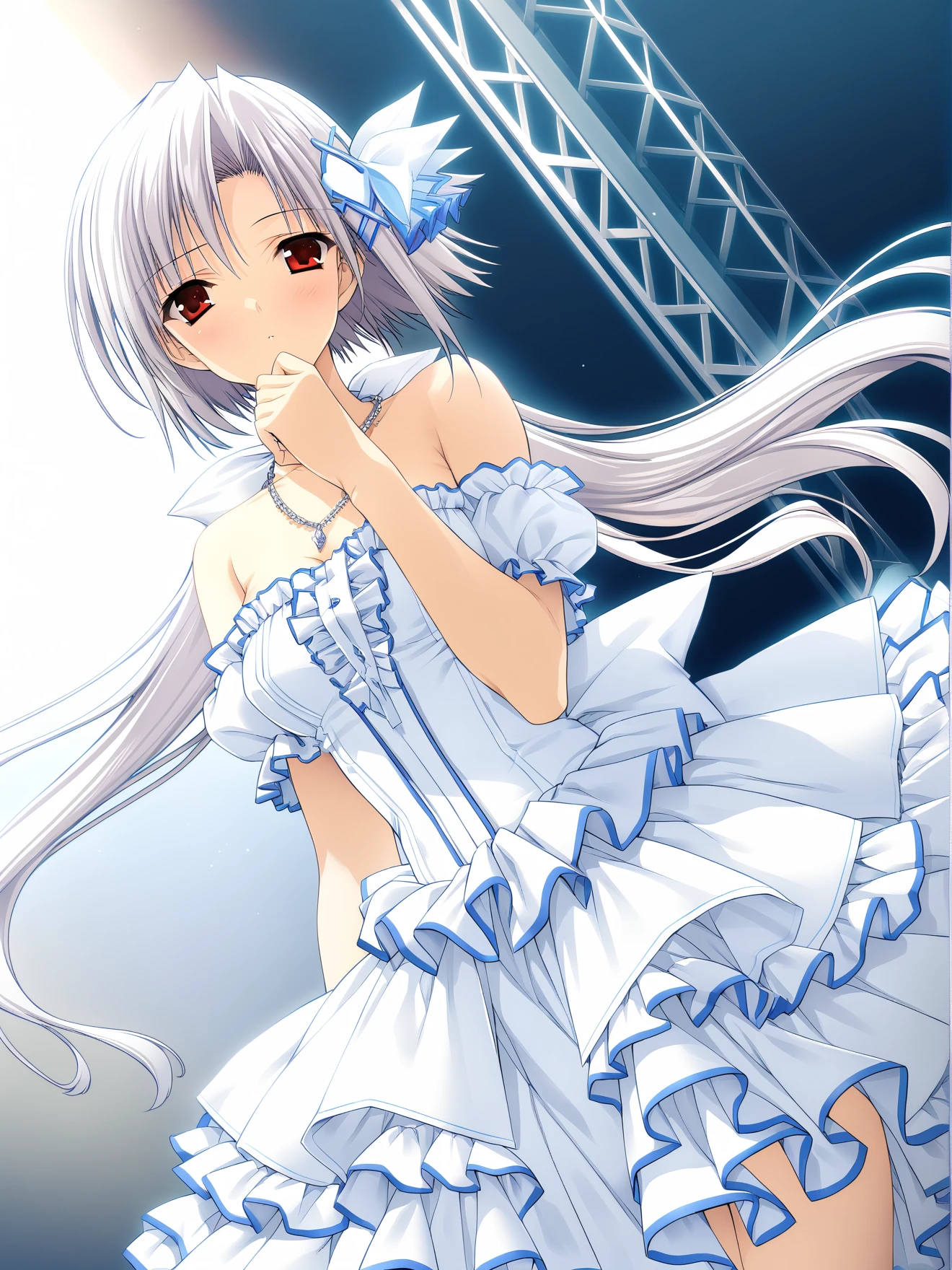 masterpiece, best quality, high quality, aesthetic, absurdres, insanely detailed,
1girl, red eyes, frilled dress, frilled skirt, tense, very long hair, white rose, hair ornament, twintails, white hair, white dress, detached sleeves, hair flower, dutch angle, jewelry, looking at viewer, necklace, bare shoulders, hairband, strapless dress, floating hair, strapless, stage, spotlight, dcided pose, 
<lora:suzuhira-hiro-style-xl_v1.0:1>