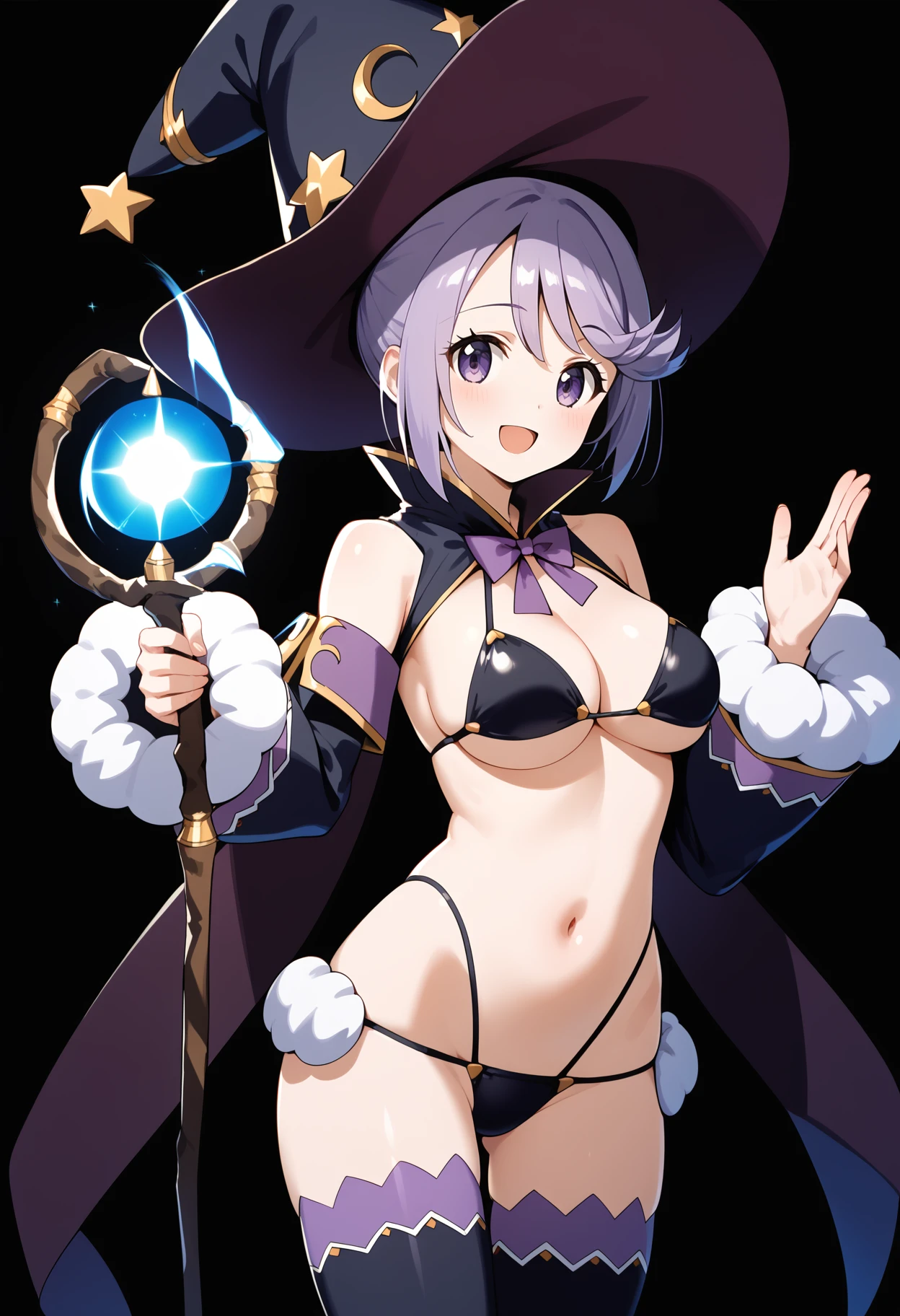 score_9, score_8_up, score_7_up, score_6_up, score_5_up, score_4_up, source_anime, aamage, short hair, purple hair, witch hat, purple eyes, breasts, cape, purple bowtie, black bikini, detached sleeves, black thighhighs, <lora:mage_(bikini_warriors)_ponyxl_v1:0.9>, standing, cowboy shot, holding staff, black background, smile, open mouth, magic,