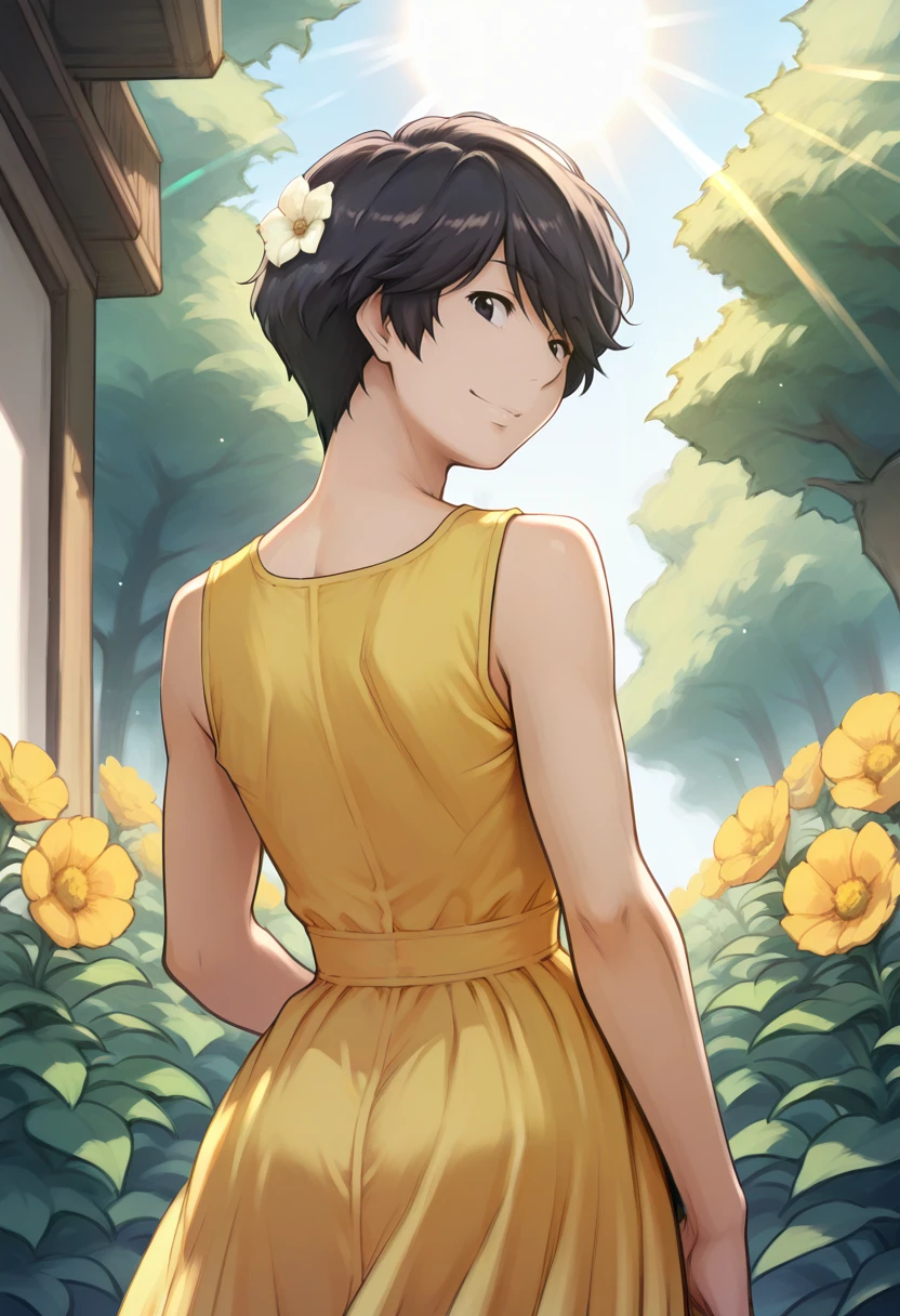 solo, masterpiece, best quality, 1girl, solo, <lora:NSYasukoAoi:1> NSYasukoMisc, black hair, short hair, black eyes, yellow sundress, from behind, looking back, looking at the viewer, garden, sun rays, flowers, flower in hair, happy