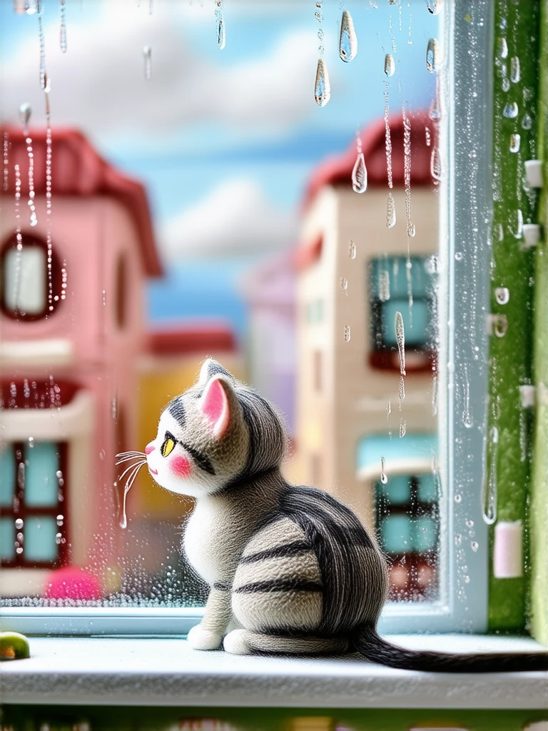 A gray tabby cat is perched on the windowsill of a cozy apartment, its tail swishing contentedly as it watches raindrops trickle down the glass pane against a backdrop of buildings and cloudy skies.