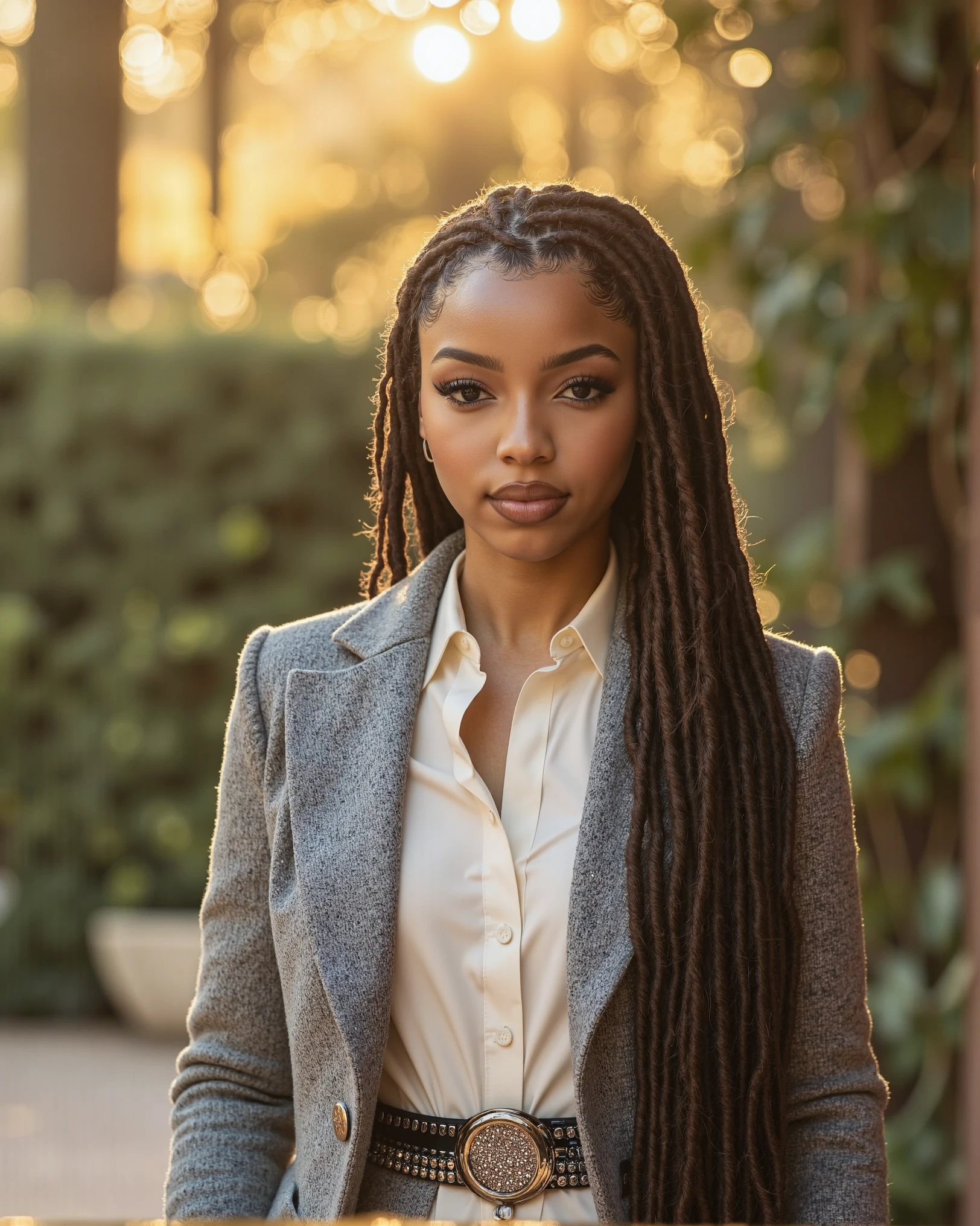 A luxury black women with a long brown box braid hair, stands confidently in a form-fitting grey cardigan, white shirt, hand resting on the jacket. The scene is framed with a rule of thirds, shot in a warm, golden hour light, creating a soft, cinematic glow. The background is a luxurious, sunlit garden with a hint of film grain, adding a tactile, nostalgic feel. The lighting is a mix of natural sunlight and a soft, warm fill light from the side, casting gentle shadows and highlighting the textures of the clothing. The overall atmosphere is serene and elegant, reminiscent of a Wes Anderson film.