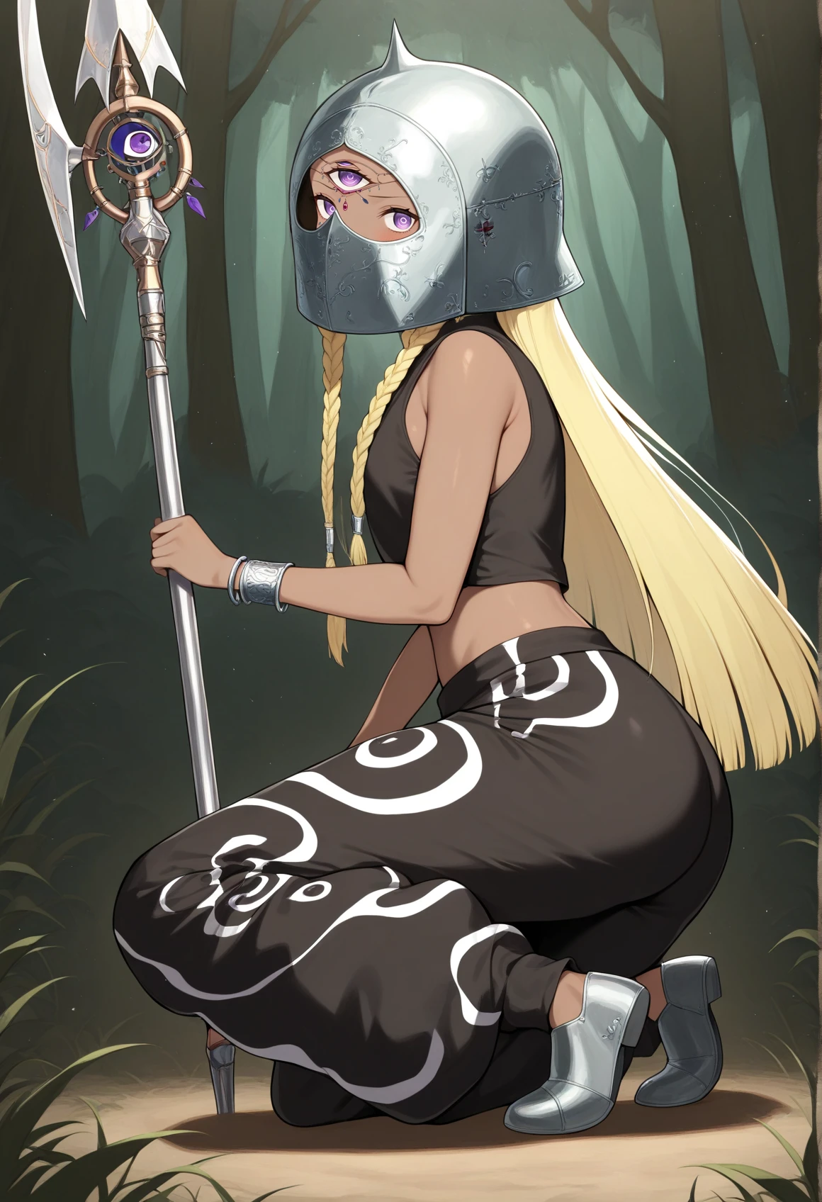 1girl, solo, long hair, blonde hair, braid, purple eyes, dark skin, third eye, helmet, mask, silver bracelet, sleeveless, harem pants, holding polearm, outdoors, forest, on one knee <lora:Eupha_Illus:1>, masterpiece, best quality, amazing quality, very aesthetic, absurdres, highres, newest