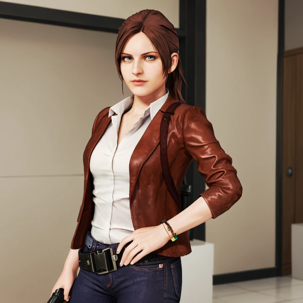 <lora:claireredfieldresidentevilrevelations2_pony_v3:.8> ClaireRedfieldResidentEvilRevelations2, 1girl, jewelry, pants, bracelet, belt, denim, jacket, brown hair, shirt, ponytail, jeans, blue eyes, freckles, mole, long hair