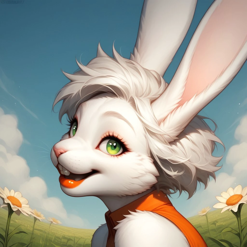 score_9, score_8_up, score_7_up, score_6_up, score_5_up, score_4_up, source_furry
anthro, solo, portrait, CloeBunny, white fur, white body, buckteeth, white hair, green eyes, long ears, bunny, furry, lipstick, orange dress, looking at viewer, shoulders exposed
BREAK
detailed background, fields, (side view)