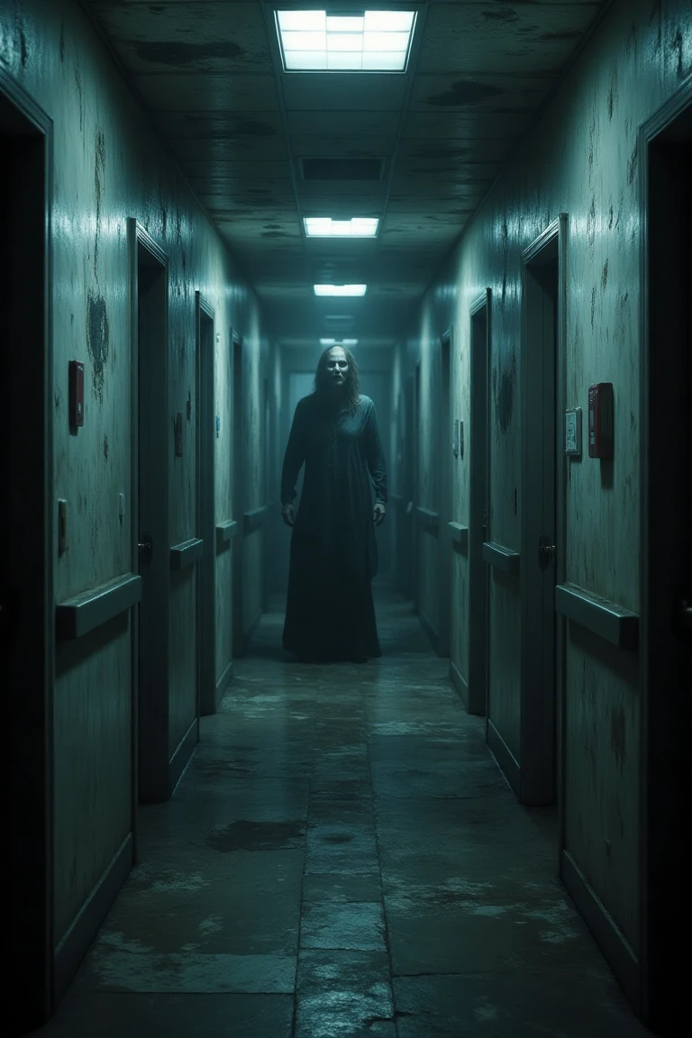 Hyper-realistic horror scene in a narrow, distorted hallway, lit by flickering ceiling lights. Floating specter with hollow, bright eyes hovers at the end, casting eerie shadows. Surreal, disturbing atmosphere with walls stretching and bending unnaturally. Shot with a fisheye lens, enhancing the warped, dreamlike quality of the scene.