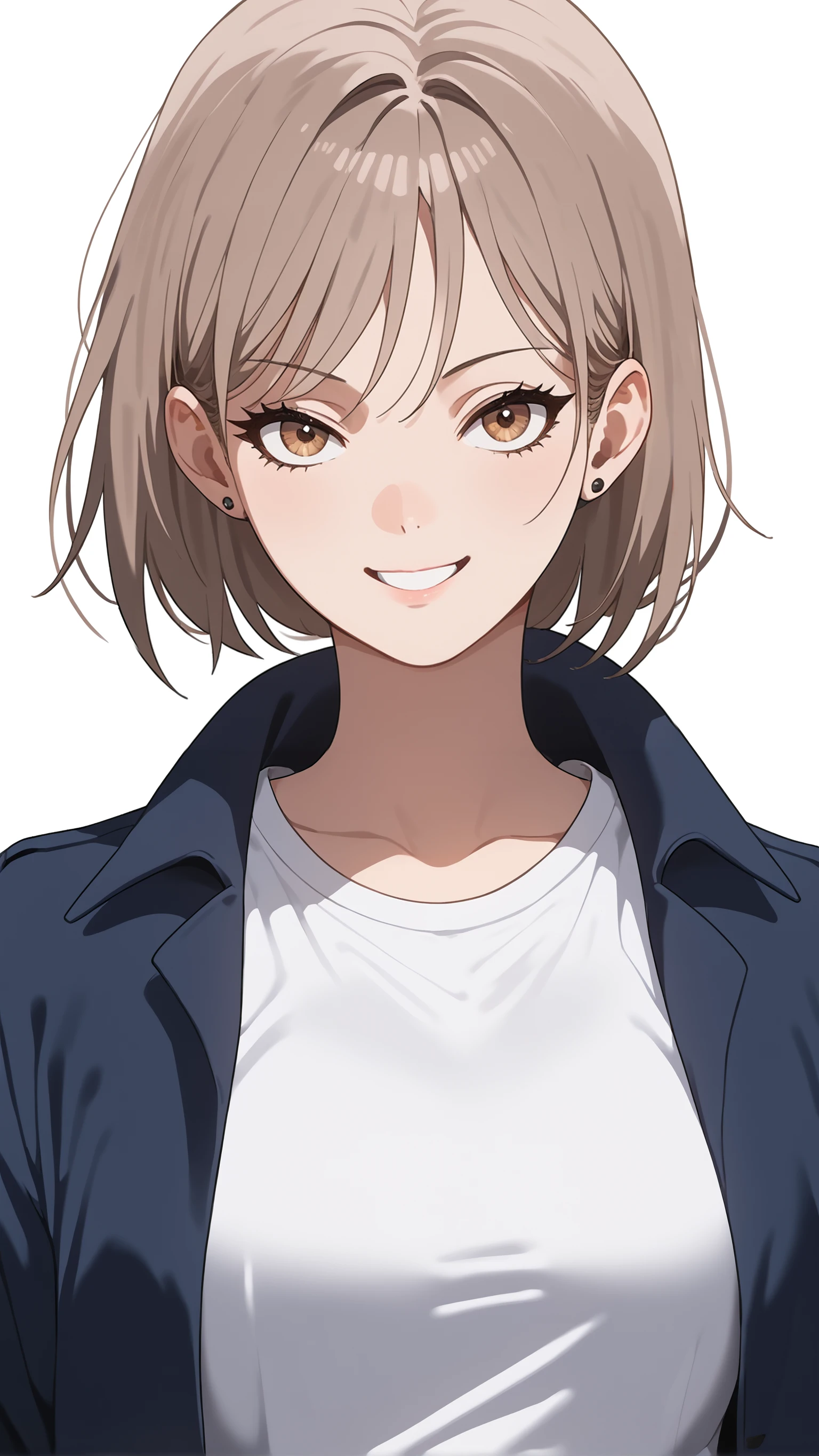 looking at viewer, smile, upper body, straight-on, simple background, white background, blue jacket, open jacket, white shirt, black pants,
choidef, light brown hair, short hair, brown eyes, stud earrings, medium breasts, <lora:ChoiYoonHa:1>, score_9, score_7_up, source_anime