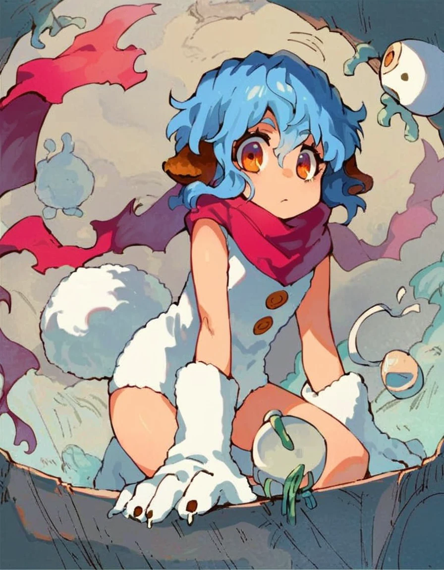 score_9, score_8_up, score_7_up, score_6_up, source_anime, anime coloring,  <lora:yeti-muromi-pony:0.8> yeti-mrm, animal ears, blue hair, scarf, gloves, short hair, animal hands, red scarf, dog ears, orange eyes, tail, monster girl