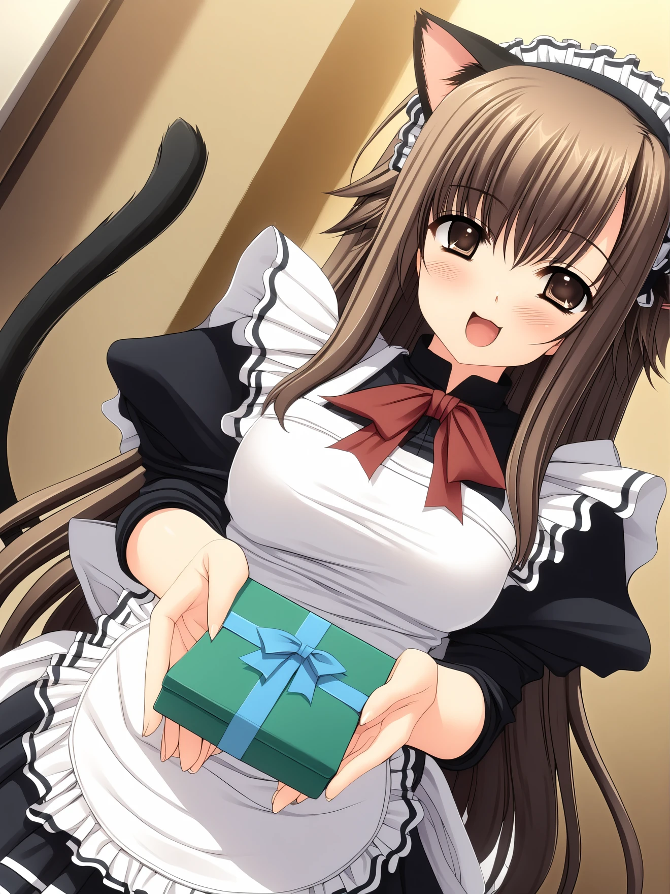 masterpiece, best quality, high quality, aesthetic, absurdres, insanely detailed,
1girl, cat ears, long hair, cat tail, brown hair, incoming gift, maid, brown eyes, dutch angle, holding gift, blush, apron, smile, open mouth,
<lora:nishimata-aoi-style-xl_v1.0:1>