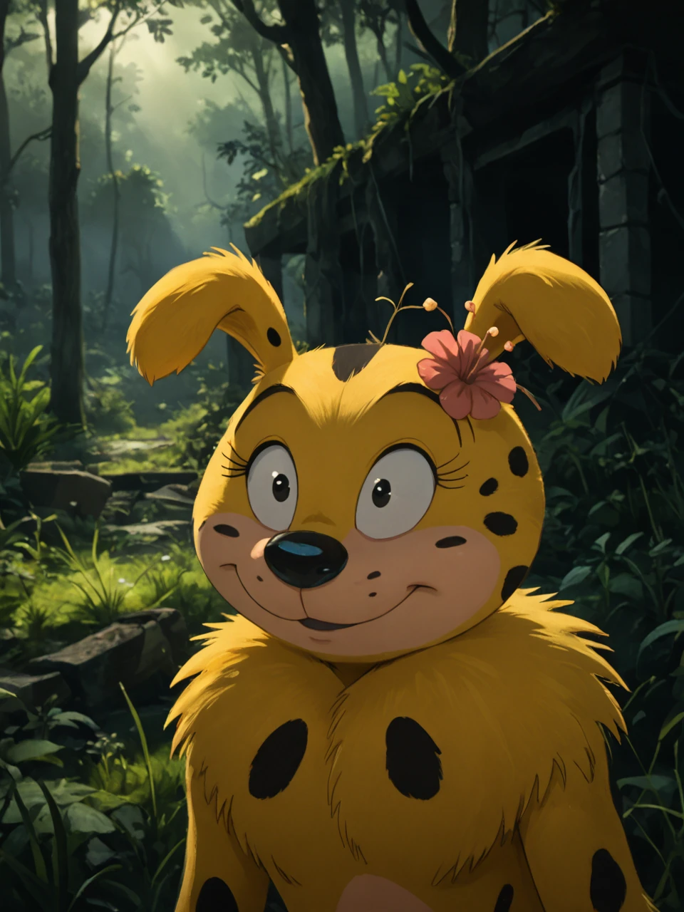 score_9, score_8_up, score_7_up,  score_6_up, BREAK, M4rsupi4amie, 1girl, solo, black eyes, tail, hair flower, yellow fur, forest, ruins, overgrown, nature, grass, upper body, smile, looking at viewer, fog, Volumetric Lighting <lora:Marsupilamie:0.8>  <lora:David_style:1> Poststyl,