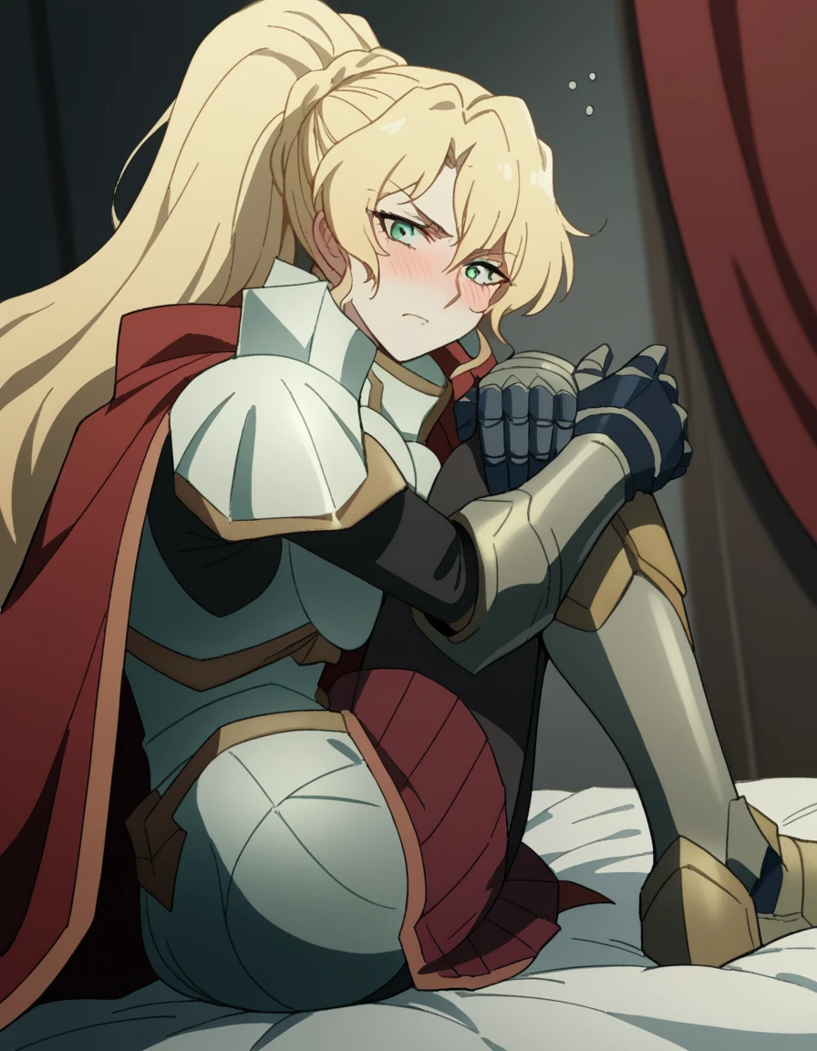 score_9, score_8_up, score_7_up, source_anime, <lora:alicetaria-february-s1-ponyxl-lora-nochekaiser:1>, alicetaria february, long hair, green eyes, blonde hair, ponytail, braid, large breasts,, skirt, cape, armor, gauntlets, breastplate, red cape,, indoors, bed, bed room, on side, blush, drunk,, , <lora:knees-to-chest-ponyxl-lora-nochekaiser:1>, knees to chest, ass peek, breast press, sitting, knees up, hugging own legs,, looking at viewer, solo,, dutch angle, cowboy shot