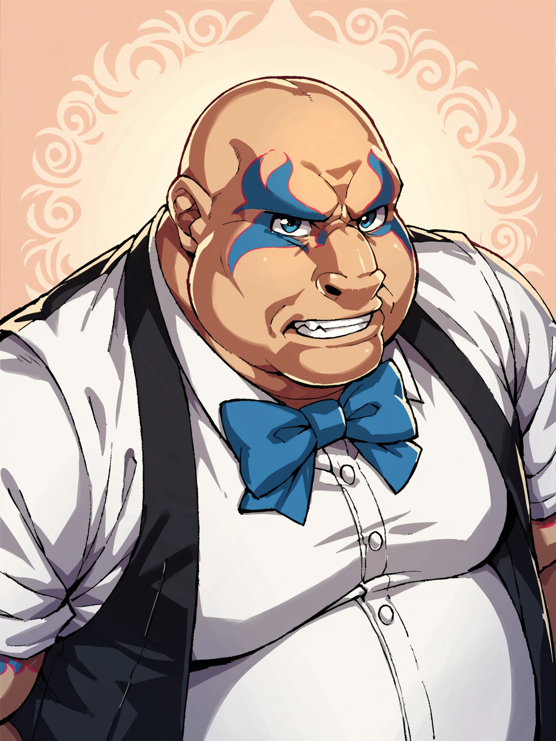 score_9, score_8up, score_7up, score_6up, score_5up, score_4up, abstract background, source_cartoon, rating_safe, BREAK
solo, male, ss_equake, fat, overweight, bald, eye tattoos, tuxedo, white shirt, bowtie, BREAK
 <lora:Earthquake_-_Samurai_Shodown_-_PDXL:0.9>