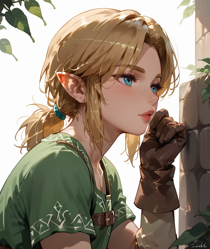 score_9, score_8_up, score_7_up, incredible lighting, shadows, 8k, (solo), (white background), 1guy, side view, facing the viewer, eye contact blushing, lipstick, eyeliner, femboy_link, blonde hair, green dress, gloves, boots, belt, <lora:Femboy_Link:0.8>