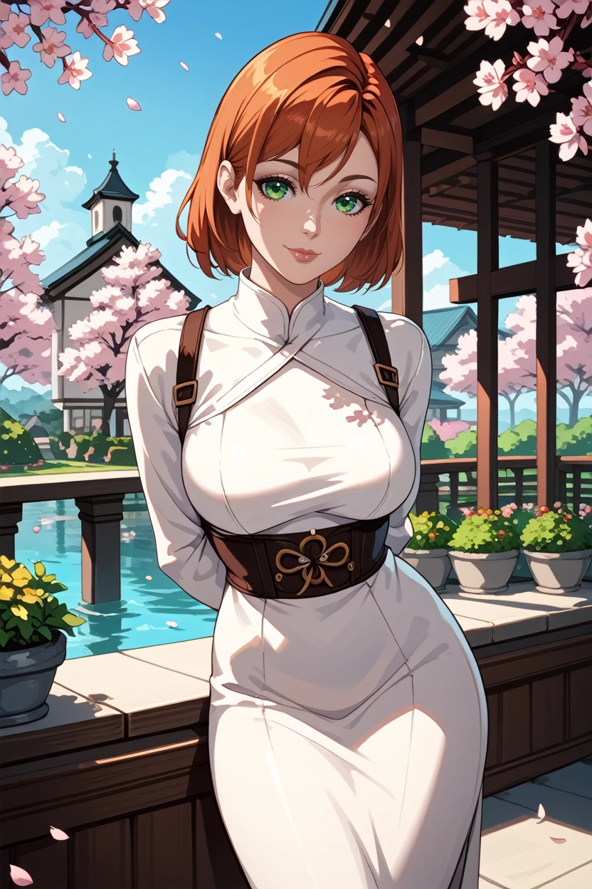 score_9, score_8_up, score_7_up,
<lora:MEFShepard:0.8>
MEFShepard, 1girl, orange hair, green eyes, looking at viewer, arms behind back, leaning forward, standing, outdoors, cherry blossoms, smile, garden, church