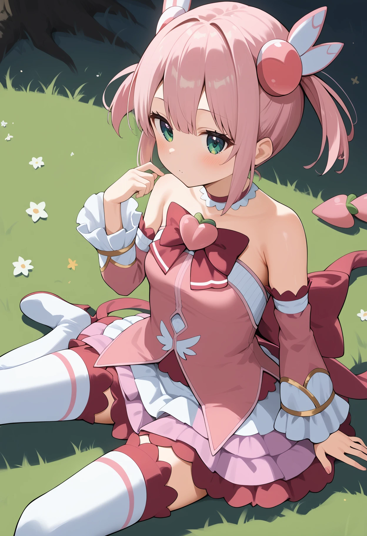 score_9, score_8_up, score_7_up, score_6_up, score_5_up, score_4_up, source_anime, aamomo, short hair, pink hair, twintails, hair ornament, green eyes, small breasts, magical girl, pink choker, bare shoulders, pink bow, frills, strapless dress, pink dress, detached sleeves, layered skirt, white thighhighs, <lora:chiyoda_momo_ponyxl_v1:0.9>, sitting, on floors, grass, thigh boots,