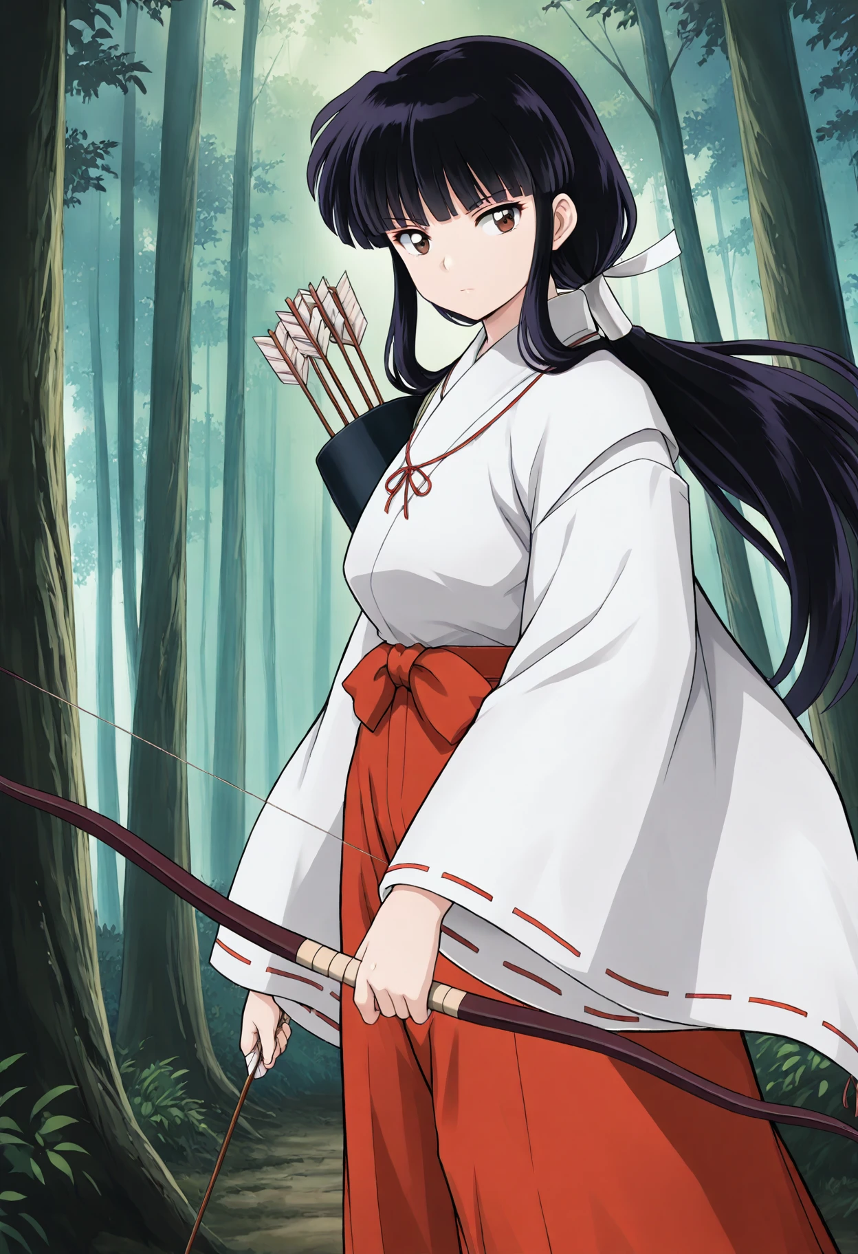 <lora:kikyo_inuyasha_ill:1>kikyoinu, 1girl, bow \(weapon\), japanese clothes, miko, solo, long hair, black hair, holding bow \(weapon\), holding weapon, brown eyes, holding, , red hakama, arrow \(projectile\), wide sleeves, ,standing, looking at viewer, holding arrow, low ponytail, long sleeves, sidelocks, closed mouth, blunt bangs, hair ribbon,archery, cowboy shot, forest,