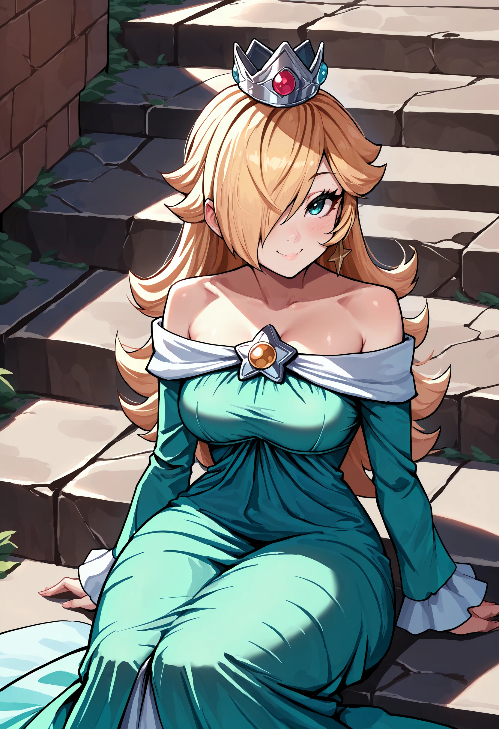 masterpiece, best quality, 1girl, solo, hair over one eye, RslnDef, crown, bare shoulders, off-shoulder dress, long sleeves, blue dress, long dress, aqua dress, <lora:Rosalina_illusXL_Incrs_v1:1>, outdoors, smile, seductive smile, blush, stairs, sitting, looking at viewer,