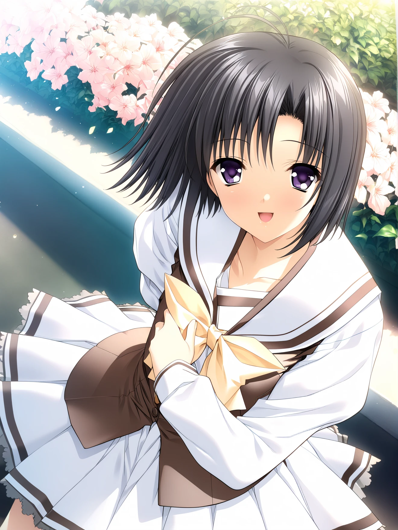 masterpiece, best quality, high quality, aesthetic, absurdres, insanely detailed,
1girl, purple eyes, flower background, short hair, white dress, school uniform, open mouth, antenna hair, smile, :d, black hair, bow, long sleeves, looking at viewer, skirt, 
<lora:suzuhira-hiro-style-xl_v1.0:1>