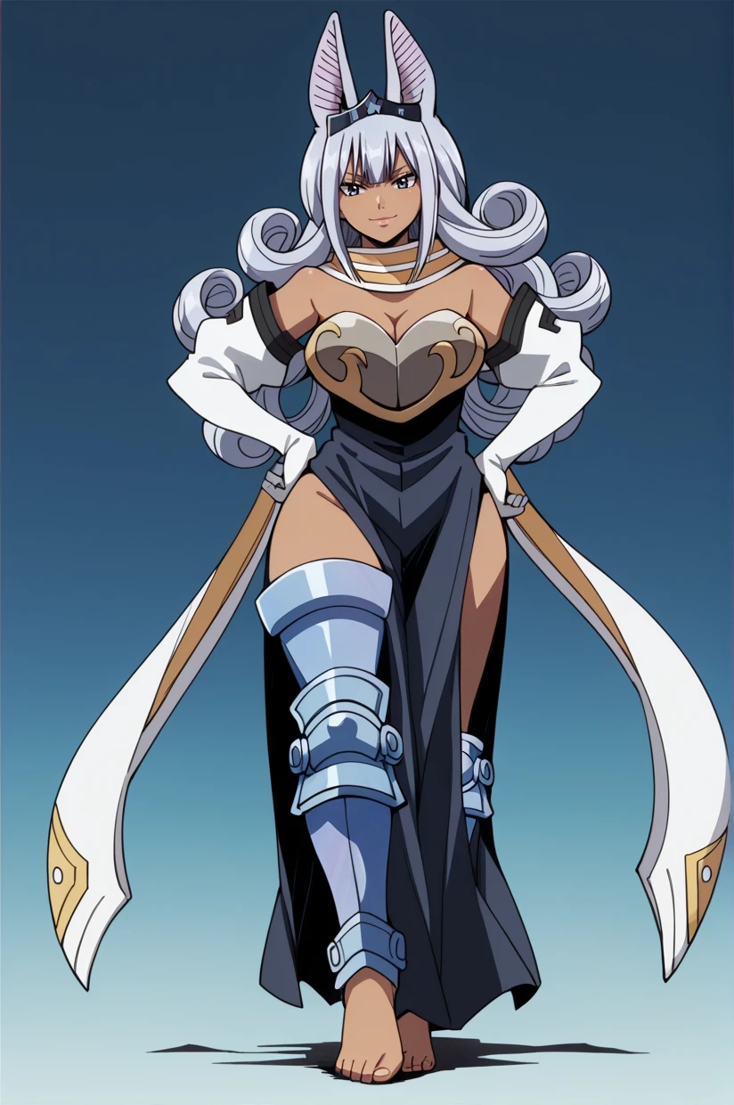 <lora:FTSwanNSLT:1> SwanFT, swan \(fairy tail\), animal ears, rabbit ears, long hair, grey hair, dark-skinned female, cleavage, bare shoulders, looking at viewer, smile, blue eyes, large breasts, elbow gloves, hand on hip, dress, pelvic curtain, white gloves, thighhighs, strapless, standing, grey eyes, thigh boots, crown, bangs, tiara, strapless dress, curly hair, black dress, blunt bangs, armor, side slit, closed mouth, greaves, barefoot, 16k, masterpiece, absurdes, highly detailed, highres, high quality, best quality, score_9, score_8_up, score_7_up, score_6_up