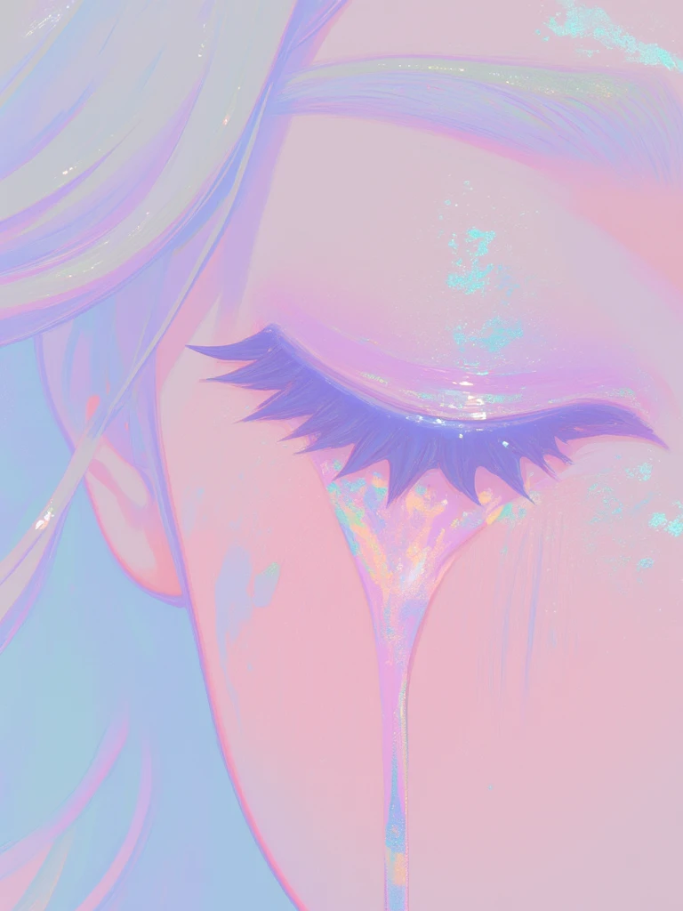 a close up of a woman's eye with a pink and blue iridescent background, The eye is the focal point of the image, with the iridescence of the background creating a beautiful and captivating effect