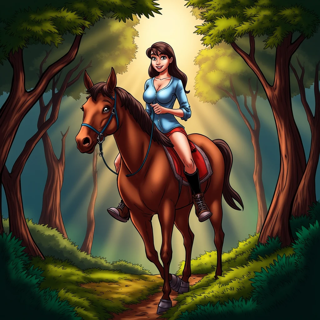 UHD, 4k, ultra detailed, cinematic, a photograph of  <lora:cartoon Tufos comic style v1:0.8>
A cartoon of
a woman riding a horse in the woods, epic, beautiful lighting, inpsiring