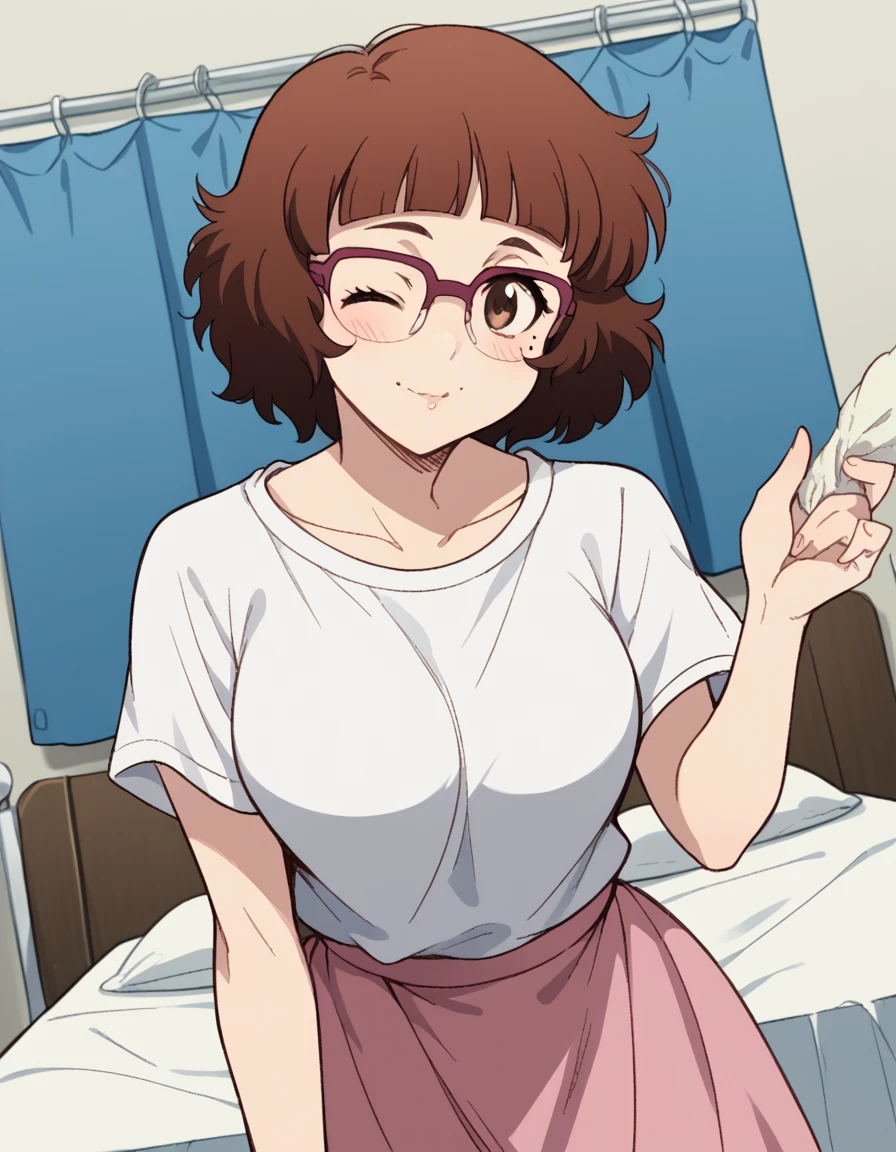 score_9, score_8_up, score_7_up, source_anime, <lora:recreators-marine-s1-ponyxl-lora-nochekaiser:1>, marine, short hair, brown hair, brown eyes, glasses, mole, mole under eye, bangs, blunt bangs, large breasts,, skirt, shirt, white shirt, short sleeves, pink skirt, collarbone,, laundry day, clothesline, drying clothes, domestic life, fresh air, blue sky, smile, <lora:blowing-kiss-ponyxl-lora-nochekaiser:1>, blowing kiss, pucked lips, heart, one eye closed, o3o, hand up, bed room, bed, blush, cowboy shot, dutch angle,, looking at viewer, solo,, dutch angle, cowboy shot