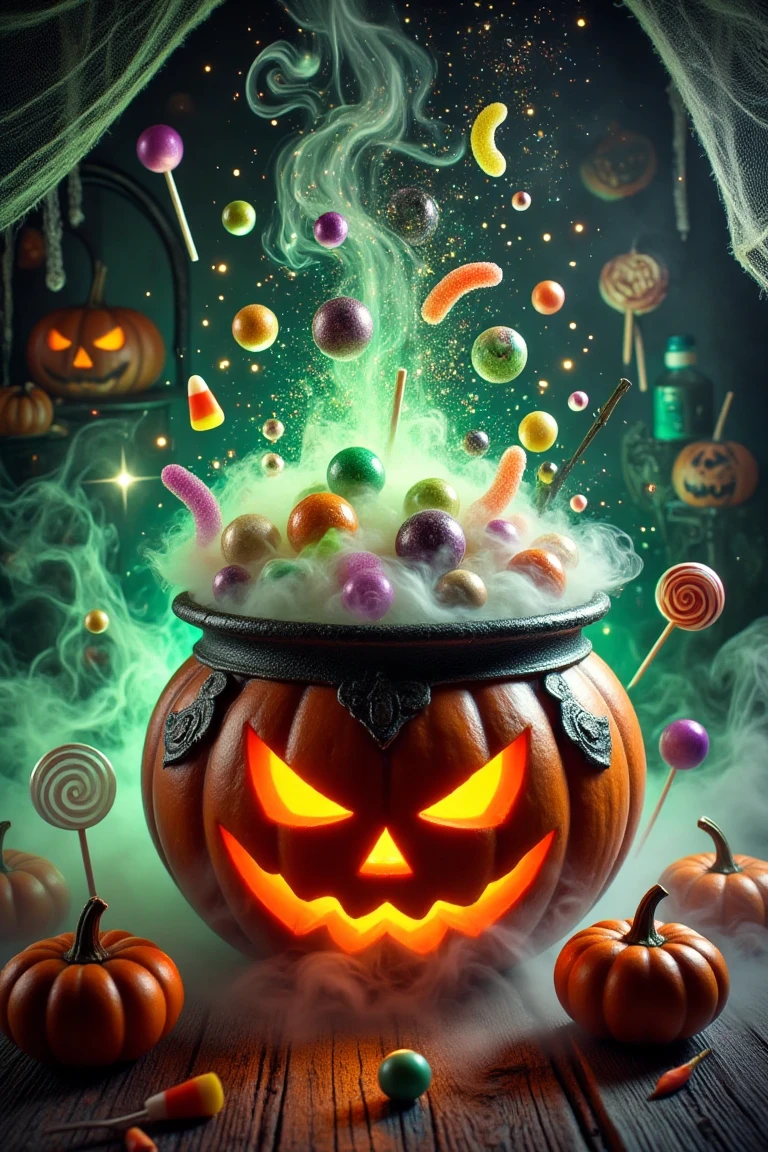 A Halloween-themed pumpkin designed like a spooky cauldron, filled with colorful gummy worms, candy corn, and chocolates, with fog and magical sparkles spilling over the top like a bubbling potion. The pumpkin has a carved face, and the setup includes a few small pumpkins and lollipops around it. The dark, eerie background has a soft, mysterious glow, adding to the magical Halloween vibe.