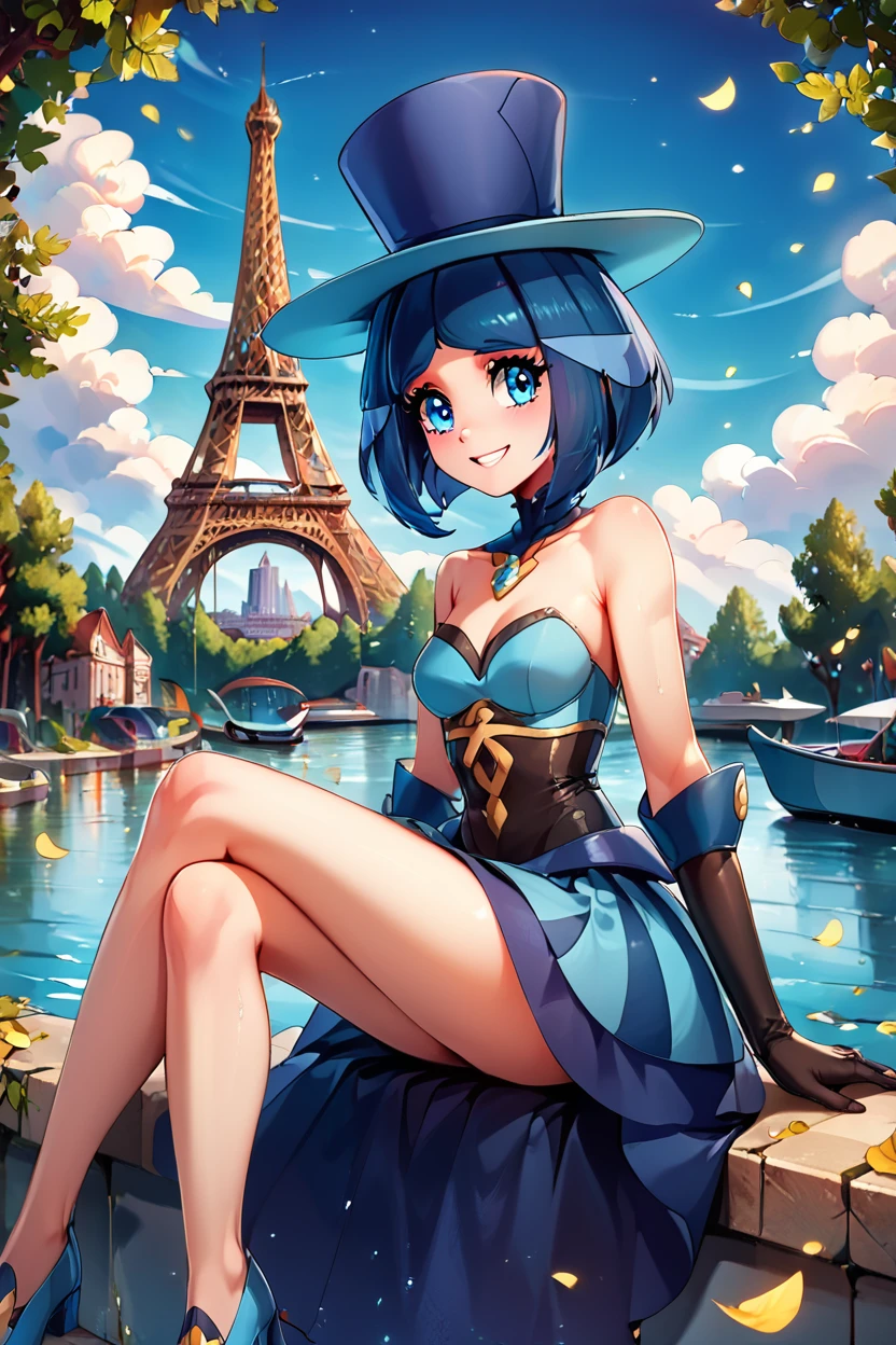 score_9, score_8_up, score_8, medium breasts, (curvy), cute, eyelashes,       ,,, , ,,, zzEvelyn, blue eyes, blue hair, medium hair, black gloves, blue headwear, bare shoulders, elbow gloves, blue dress,  <lora:Evelyn_Pokemon_PDXL:0.8>,     ,,,, BREAK, zzEiffelTower in background, sitting, watercraft, boat, sitting on wall, side view, looking at viewer, smile, ,,, BREAK, blooming stars, luminescent petals, otherworldly fragrance blurry background, ,,, embedding:zPDXL, Expressiveh, ,,, <lora:EiffelTowerPDXL:0.8>, <lora:CatalystStylePDXL:0.6>, <lora:SDXLFaeTastic2400:0.5>, <lora:Expressive_H-000001:0.4>,