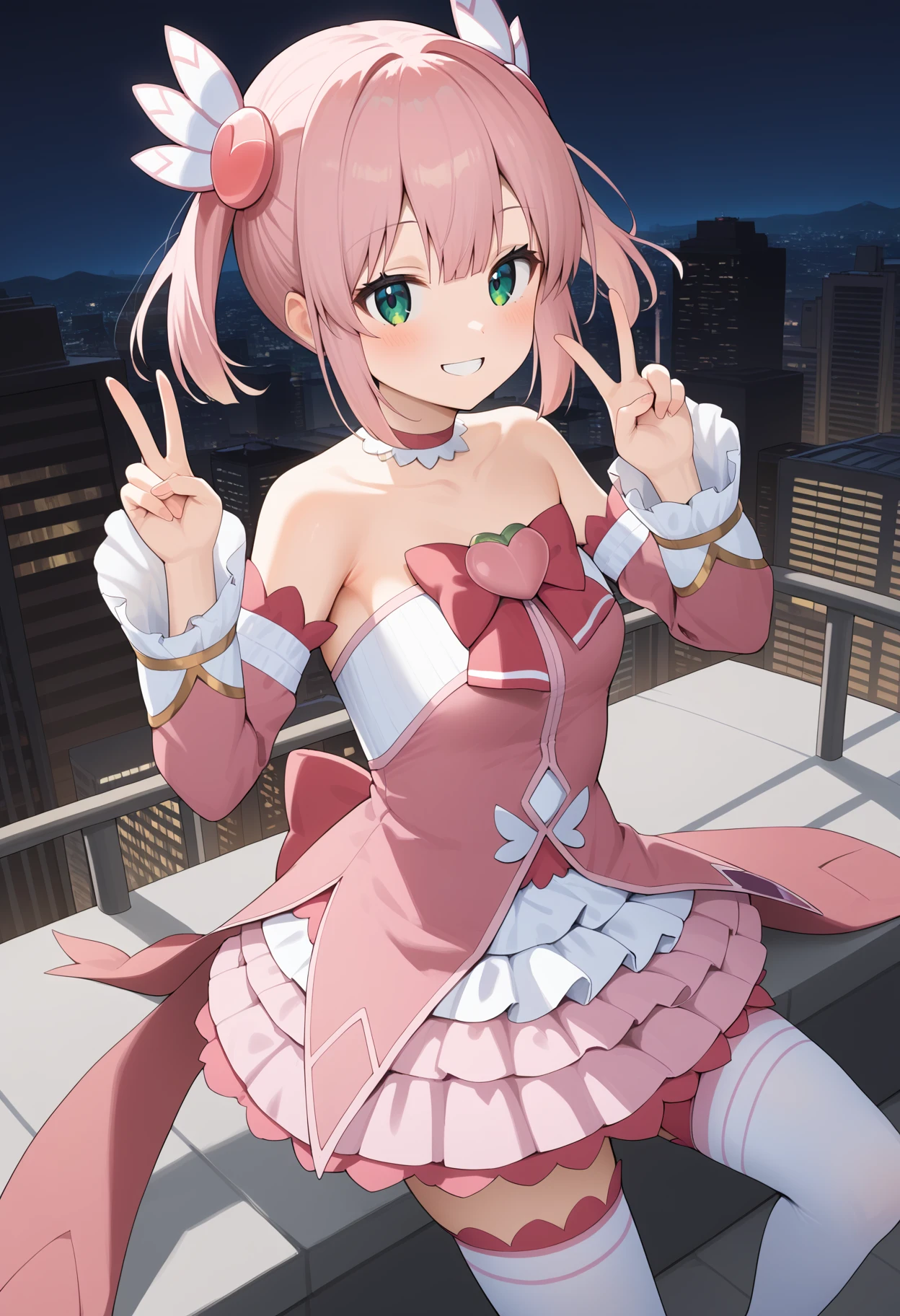 score_9, score_8_up, score_7_up, score_6_up, score_5_up, score_4_up, source_anime, aamomo, short hair, pink hair, twintails, hair ornament, green eyes, small breasts, magical girl, pink choker, bare shoulders, pink bow, frills, strapless dress, pink dress, detached sleeves, layered skirt, white thighhighs, <lora:chiyoda_momo_ponyxl_v1:0.9>, rooftop, city, smile, peace sign, night,