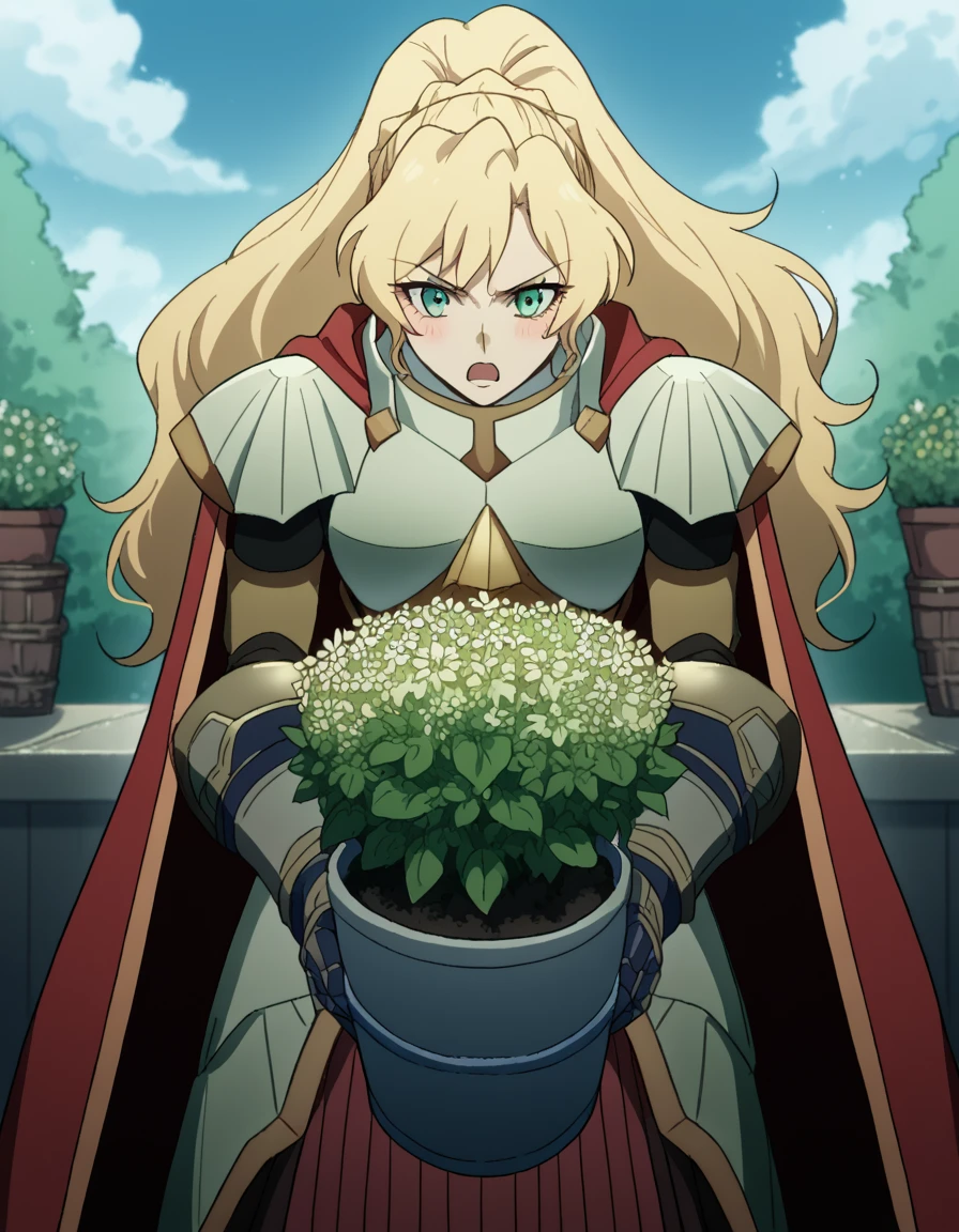 score_9, score_8_up, score_7_up, source_anime, <lora:alicetaria-february-s1-ponyxl-lora-nochekaiser:1>, alicetaria february, long hair, green eyes, blonde hair, ponytail, braid, large breasts,, skirt, cape, armor, gauntlets, breastplate, red cape,, gardening, watering plants, backyard, flowers blooming, sunny day,, , <lora:x-arms-ponyxl-lora-nochekaiser:1>, x arms, blush, open mouth, leaning forward,, looking at viewer, solo,, dutch angle, cowboy shot