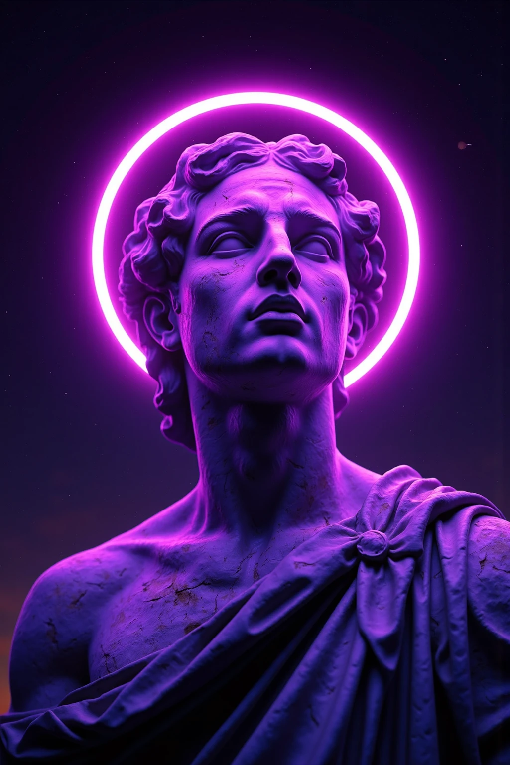 CynthiaSculpture, this is an image of a statue with a neon purple halo, showing the head and upper body. the statue is entirely covered in purple light, with a rough texture that gives it an aged and weathered appearance. a glowing purple halo hovers above the head, adding a mysterious and sacred ambiance. the background is a dark starry sky with scattered points of starlight, creating a sense of cosmic and futuristic atmosphere. the overall style combines the dignity of classical sculpture with modern neon art elements, resulting in a surreal and futuristic visual effect.