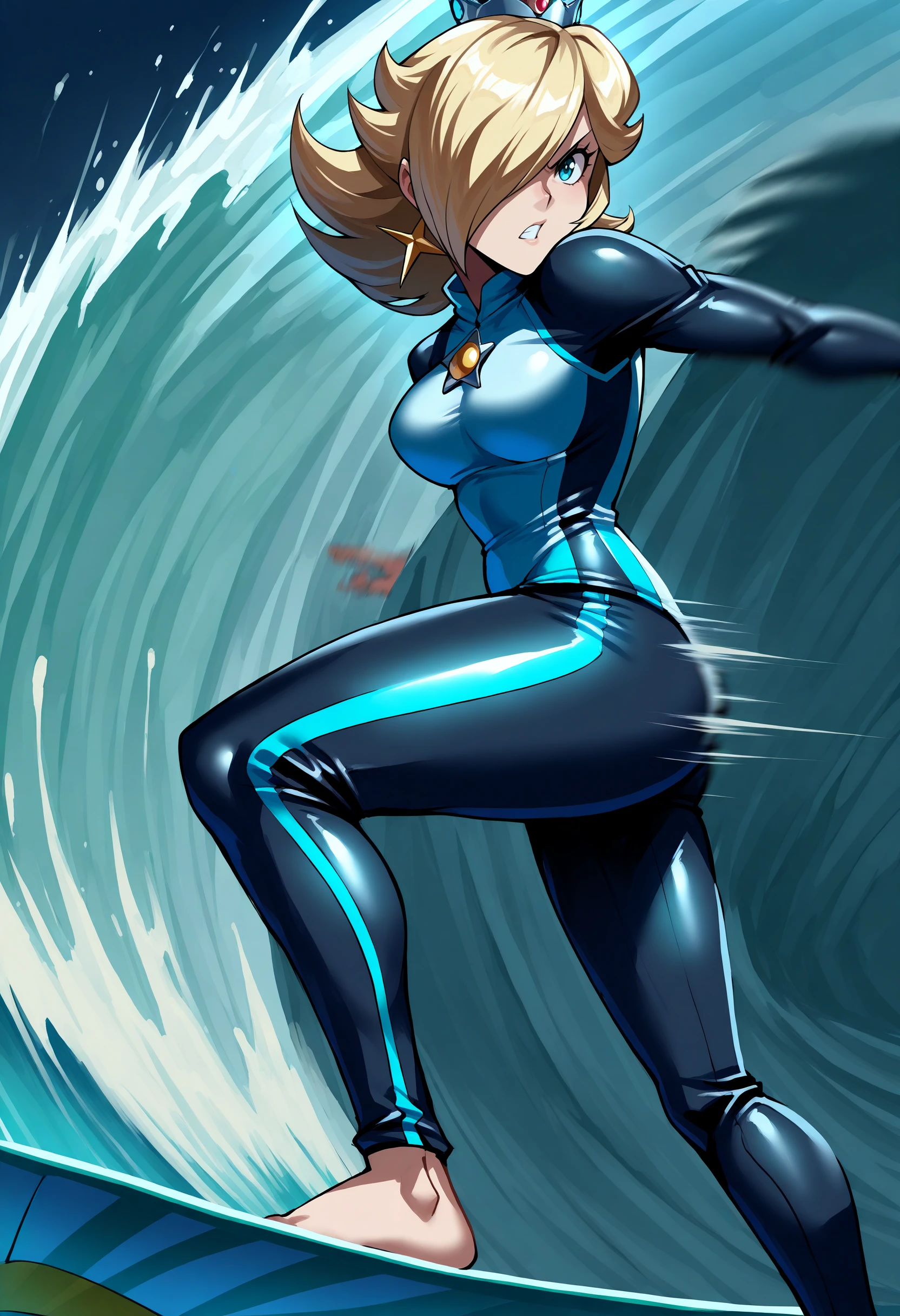 masterpiece, best quality, 1girl, solo, RslnDS, hair over one eye, crown, bodysuit, wetsuit, DivingSuit, <lora:Rosalina_illusXL_Incrs_v1:0.85>, surfing, barefoot, surfboard, action, stance, dark, anime, motion lines, motion blur,