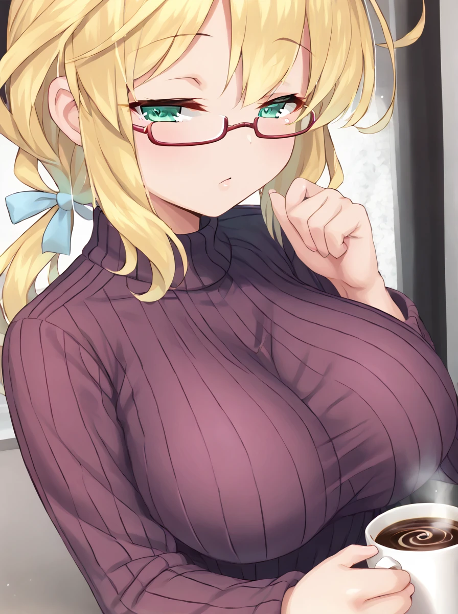 detailed background, shiny skin, posing, rating safe,
<lora:hachi.pony:1.0>,
hachi,
<lora:kinnotama.pony:1.0>,
kinnotama, 
large breasts, 
ribbed sweater, casual clothing, lace, frill, long sleeves, half-closed eyes, coffee, looking at viewer,