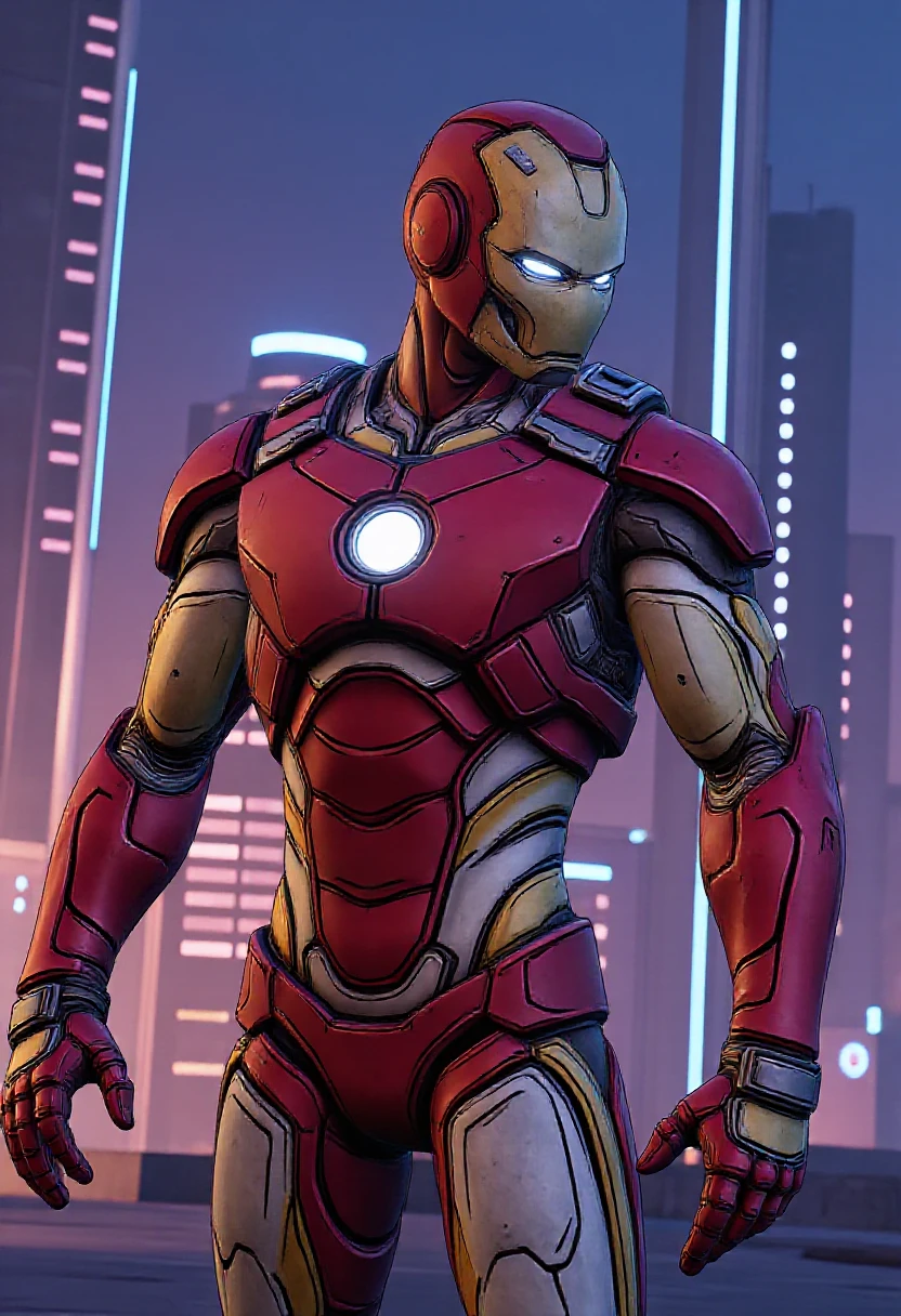 portrait of Iron Man, standing at neonpunk city,, cel shading<lora:Borderlands_Style_-_v2:0.7>