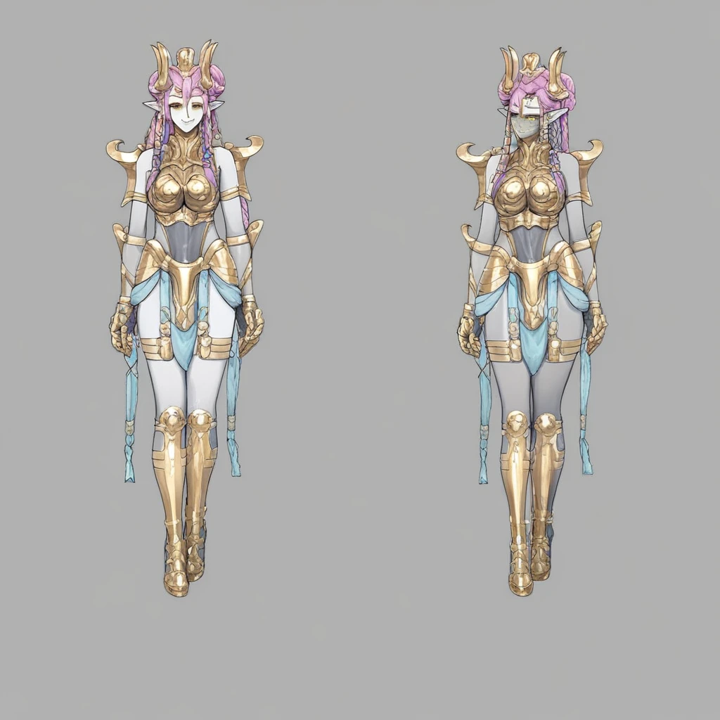 Mature woman,female,solo,standing,gold armor,bikini armor,accessories,gold ornaments,pink hair,grey skin,gold greaves,revealing clothes,veil skirt,gold lipstick,make up smiling,braided hair,braided bangs,pointy ears,yellow eyes,fullbody,simple background,gold sandals,gold high heels,gold thigh band,earrings,dynamic pose,