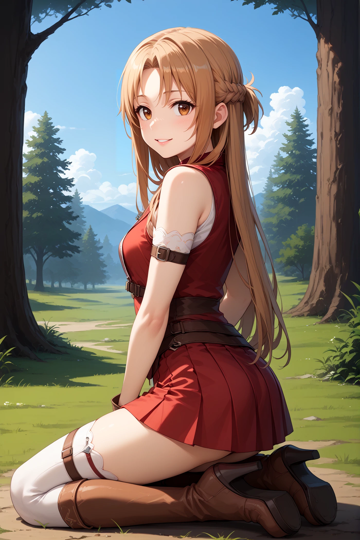 score_9, score_8_up, score_7_up, score_6_up,
<lora:P-Asuna:1> 4sun4, lrm0r, 1girl, solo, long hair, brown hairs, brown eyes, braid,
red vest, bottomless, red skirt, white thighhighs, 
<lora:cl-thighboots:0.2>, leather boots, platform boots, thigh boots, high heels, (zipper:0.9),
small breasts, from behind, ass, kneeling, seductive smile, eyelashes, parted lips, thigh gap, 
forest background, blue sky, clouds, tree,