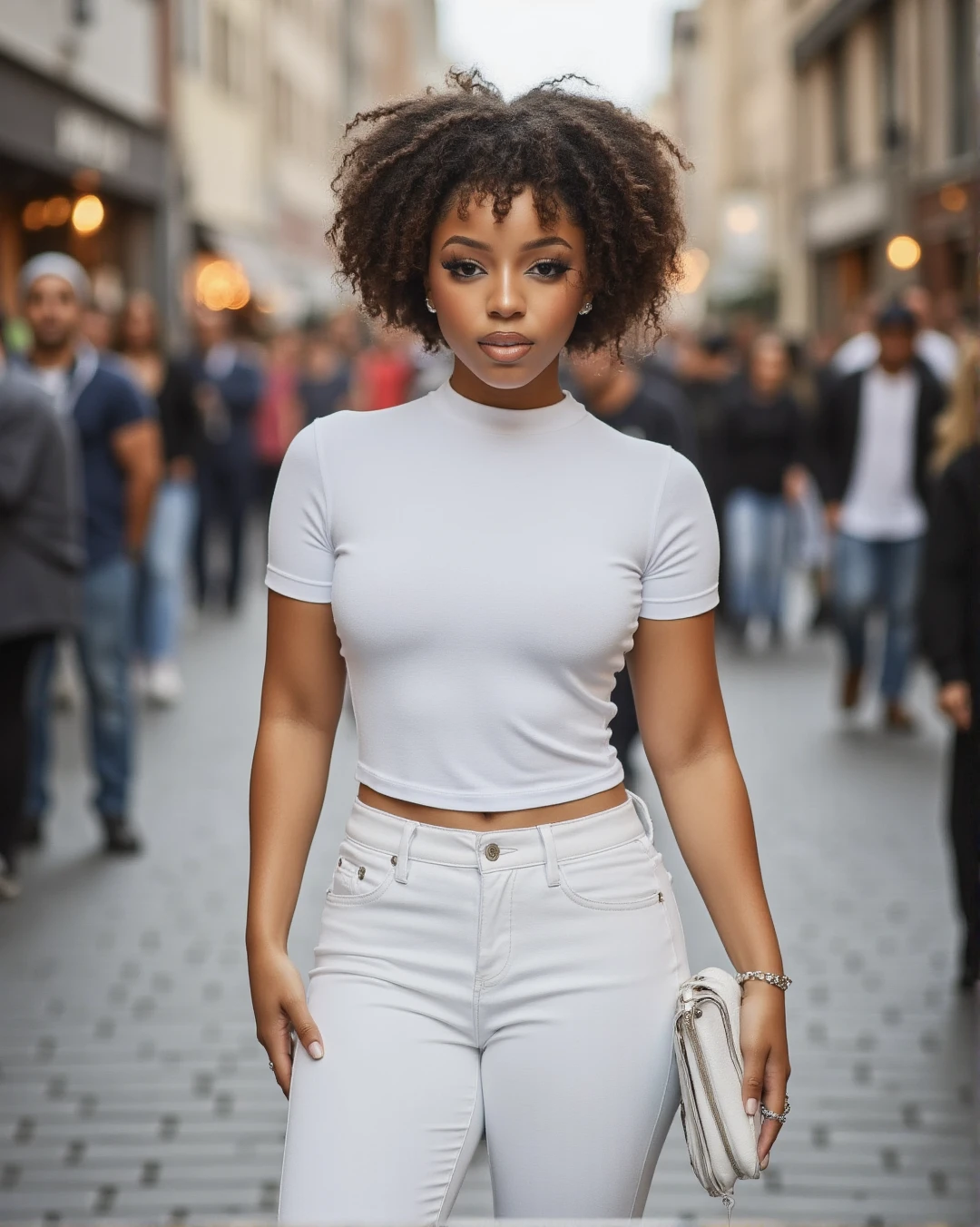 black cute young adult woman, wearing form-fitting crewneck white tee shirt, and white jeans and heels. full body pictures standing in the street with people in the background far away