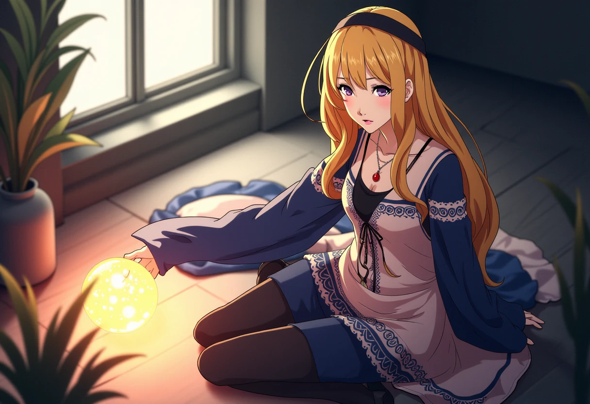 A detailed solo portrait of mifune chihaya,, blonde,
Anime style, sharp, high contrast and highly detailed.,
 <lora:persona5_mifune_chihaya_flux_1_2-000004:1>,
She is wearing a layered, bohemian-style outfit. She has on a long-sleeved, deep blue underlayer paired with a flowing, pastel-colored dress featuring abstract patterns. The dress has thin, black ties around the waist, adding a slight cinching effect, and the fabric has a subtle texture with artful black circular and line designs. Her accessories include a wide, dark headband that sits over her long, wavy blonde hair, creating a relaxed and artsy look. Sheâs also wearing a necklace with a red pendant that stands out against her outfit. The outfit is completed with dark tights and black ballet flats, which enhance her refined, yet casual appearance. Inside a dark room with mythical lighting, she is staring at a crystal ball, chanting a spell.