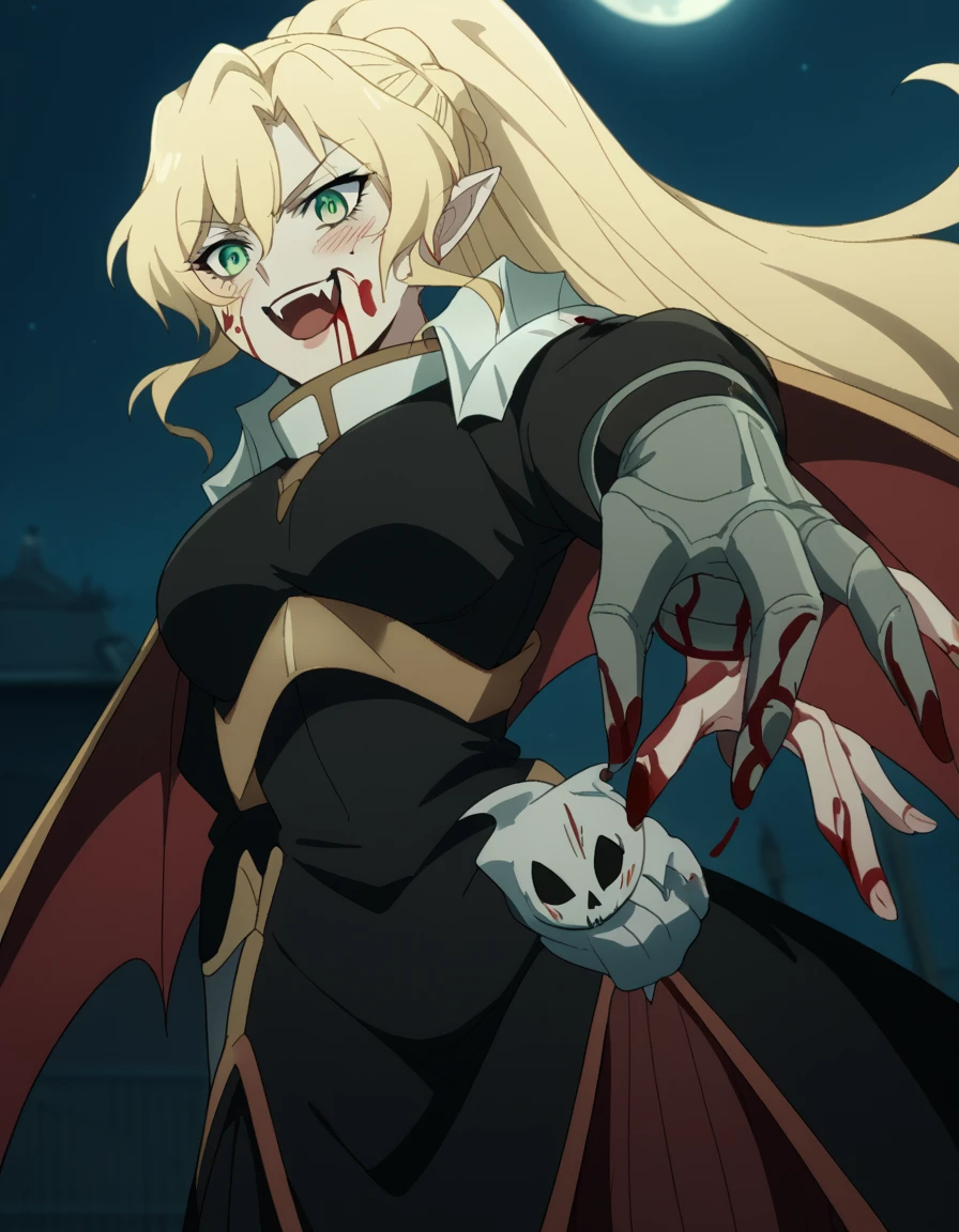 score_9, score_8_up, score_7_up, source_anime, <lora:alicetaria-february-s1-ponyxl-lora-nochekaiser:1>, alicetaria february, long hair, green eyes, blonde hair, ponytail, braid, large breasts,, <lora:vampire-ponyxl-lora-nochekaiser:1>, vampire, red eyes, pointy ears, fangs, black dress, wings, blood, blood on face, blood on mouth, bat (animal), halloween, halloween costume, upper teeth only, night, moon, blush, smile, open mouth, , dutch angle, cowboy shot