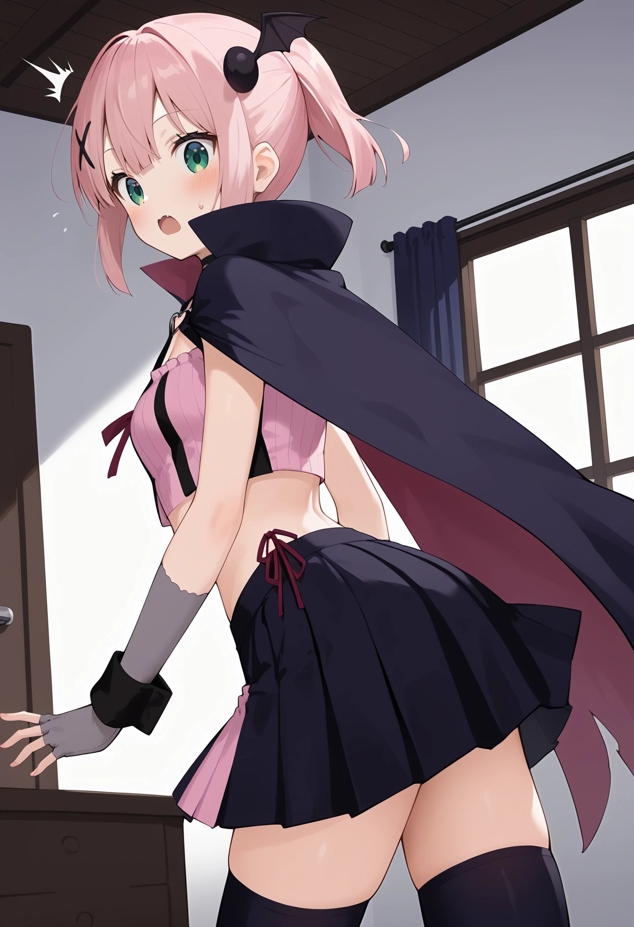 score_9, score_8_up, score_7_up, score_6_up, score_5_up, score_4_up, source_anime, aamomo, short hair, pink hair, ponytail, x hair ornament, green eyes, small breasts, black choker, black cape, crop top, pink shirt, wrist cuffs, fingerless gloves, grey gloves, midriff, pleated skirt, black skirt, black thighhighs, <lora:chiyoda_momo_ponyxl_v1:0.9>, surprised, from behind, indoors, room,