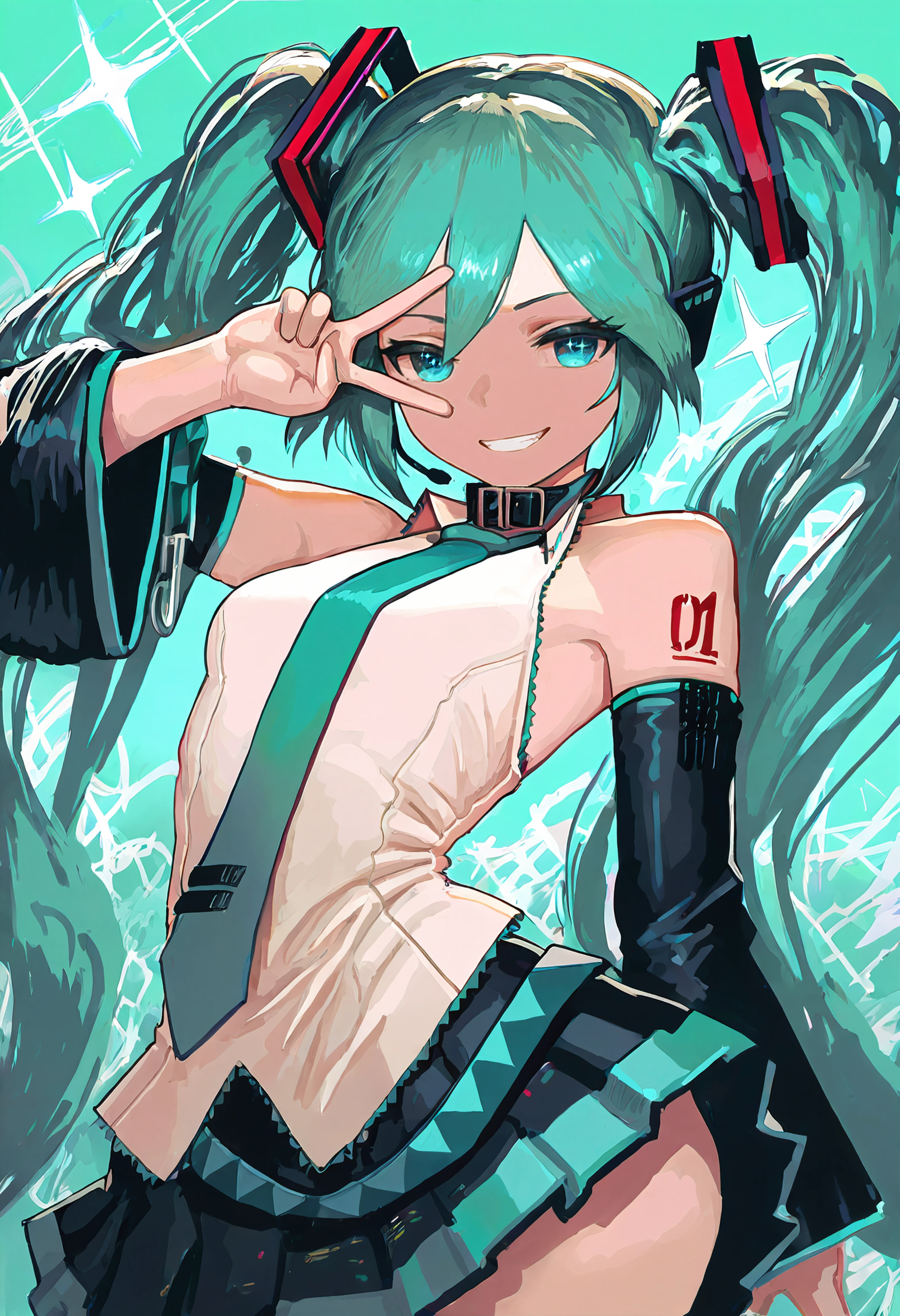 masterpiece, best quality, 1girl,cowboy shot,hatsune miku,collar,necktie,bare shoulders,grin,v over eye,abstract background,posing,aqua theme,glimmer,sparkle <lora:ujac_ill:1>