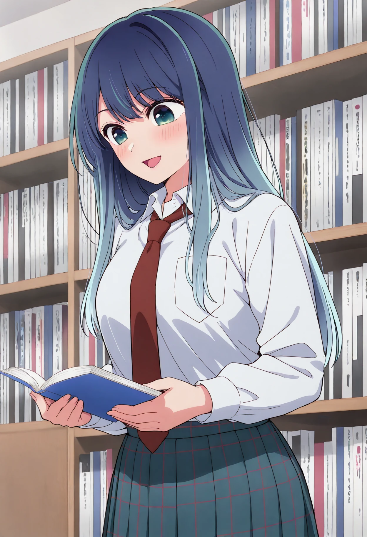 <lora:kurokawaakane_ill:1>,kurokawaakane, 1girl, solo, red necktie, long hair, blue hair, smile, blush, bookshelf, white shirt, open mouth, long sleeves, aqua eyes, book, collared shirt, plaid skirt, indoors, pocket, bangs, pleated skirt, breast pocket, standing, cowboy shot, shirt tucked in . cowboy shot,smile, breasts, holding book, looking down,