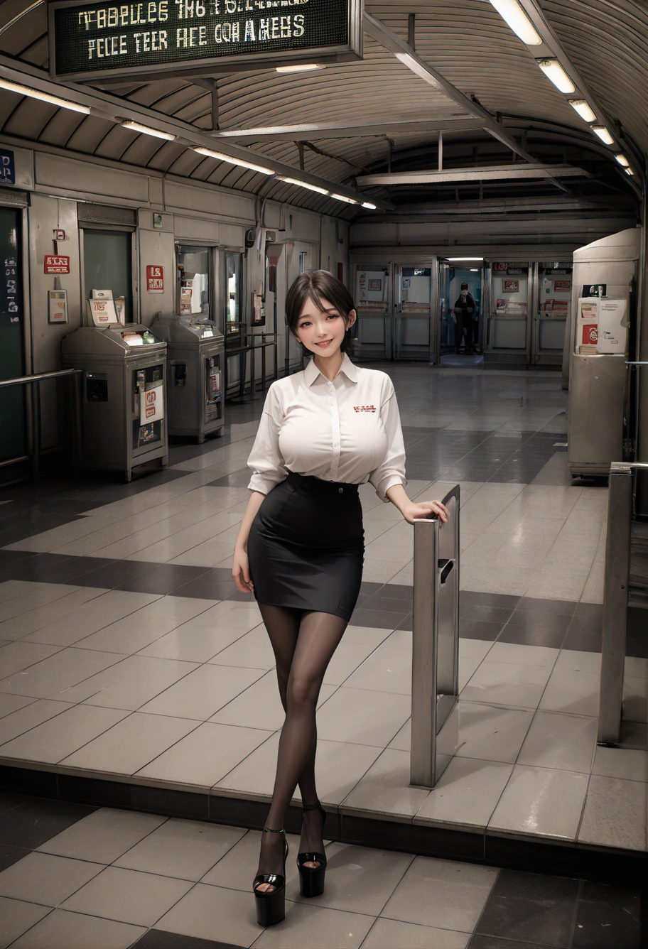 ,ruanyi1115,indoors,sign,tile floor,
crowd,people,1girl,white shirt,pencil skirt,platform heels,black pantyhose,<lora:1115 Subway entrance_v1_pony:1>, score_9, score_8_up, score_7_up, score_6_up, score_9, score_8_up, score_7_up, score_6_up source_anime, blush, 1girl, seduce smile, perfect body , natural huge breasts