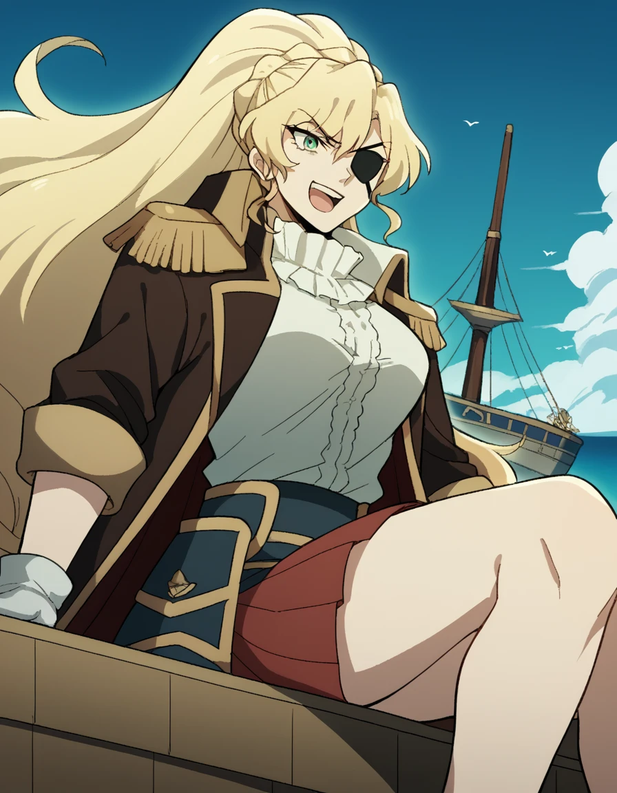 score_9, score_8_up, score_7_up, source_anime, <lora:alicetaria-february-s1-ponyxl-lora-nochekaiser:1>, alicetaria february, long hair, green eyes, blonde hair, ponytail, braid, large breasts,, <lora:pirate-costume-ponyxl-lora-nochekaiser:1>, pirate costume, pirate hat, skirt, gloves, jacket, shirt, eyepatch,, blue sky, sea, ocean, pirate ship, treasure, gold, smug, open mouth, from below, sitting,, , dutch angle, cowboy shot