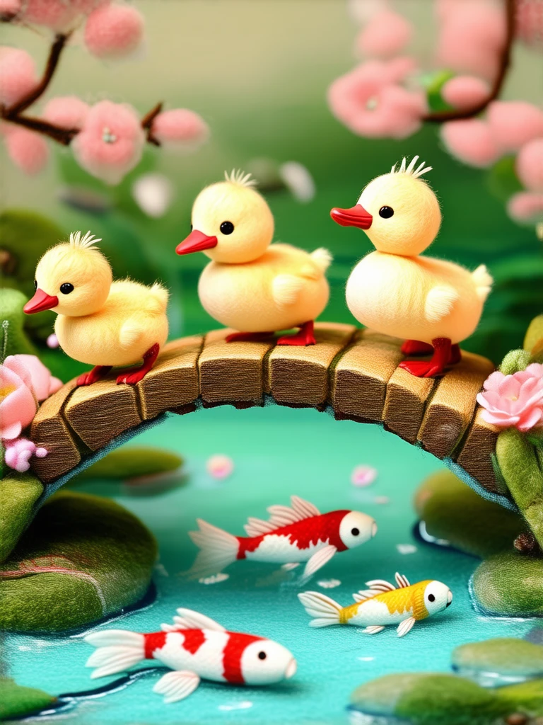 A family of ducks is waddling across a wooden bridge in a Japanese zen garden, the ducklings following their mother single-file as koi fish swim lazily in the pond beneath them.