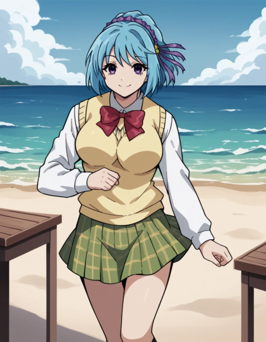 score_9, score_8_up, score_7_up, source_anime, <lora:kurumu-kurono-s2-ponyxl-lora-nochekaiser:1>, kurumu kurono, short hair, blue hair, purple eyes, ponytail, ribbon, hair ribbon, hair ornament, large breasts,, shirt, white shirt, long sleeves, bow, red bow, sweater vest, yellow sweater vest, skirt, plaid skirt, green skirt, socks,, beach, sunset, walking along shore, footprints in sand, waves, peaceful, smile, sitting, elbow rest, table,, looking at viewer, solo,, dutch angle, cowboy shot