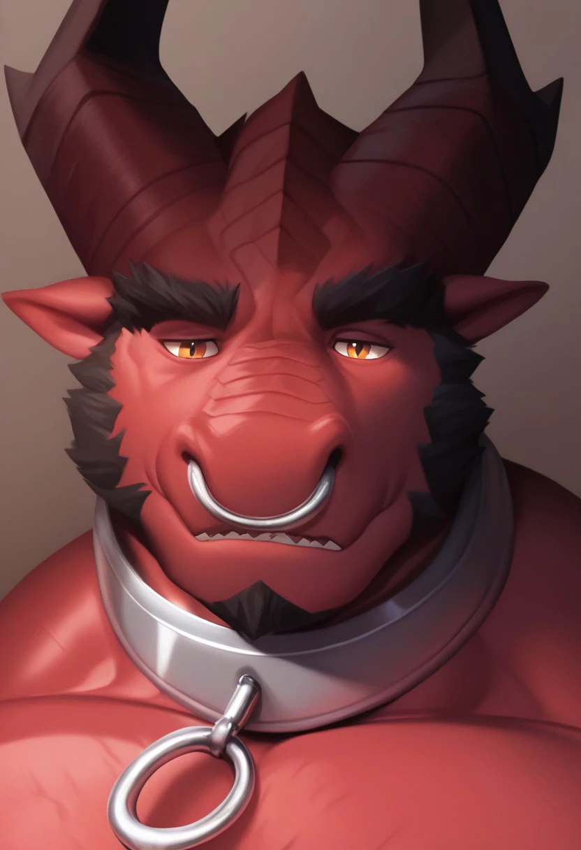 zPDXL3,score_9, score_8_up, score_8, score_7_up, score_7, source_furry,  digital media \(artwork\), masterpiece, high quality, best quality,1boy, furry male, solo, dragon horns, red body,upper body,looking at viewer,muscular male,nose_piercing, dragon,nose ring,(shoulder),,(collar),