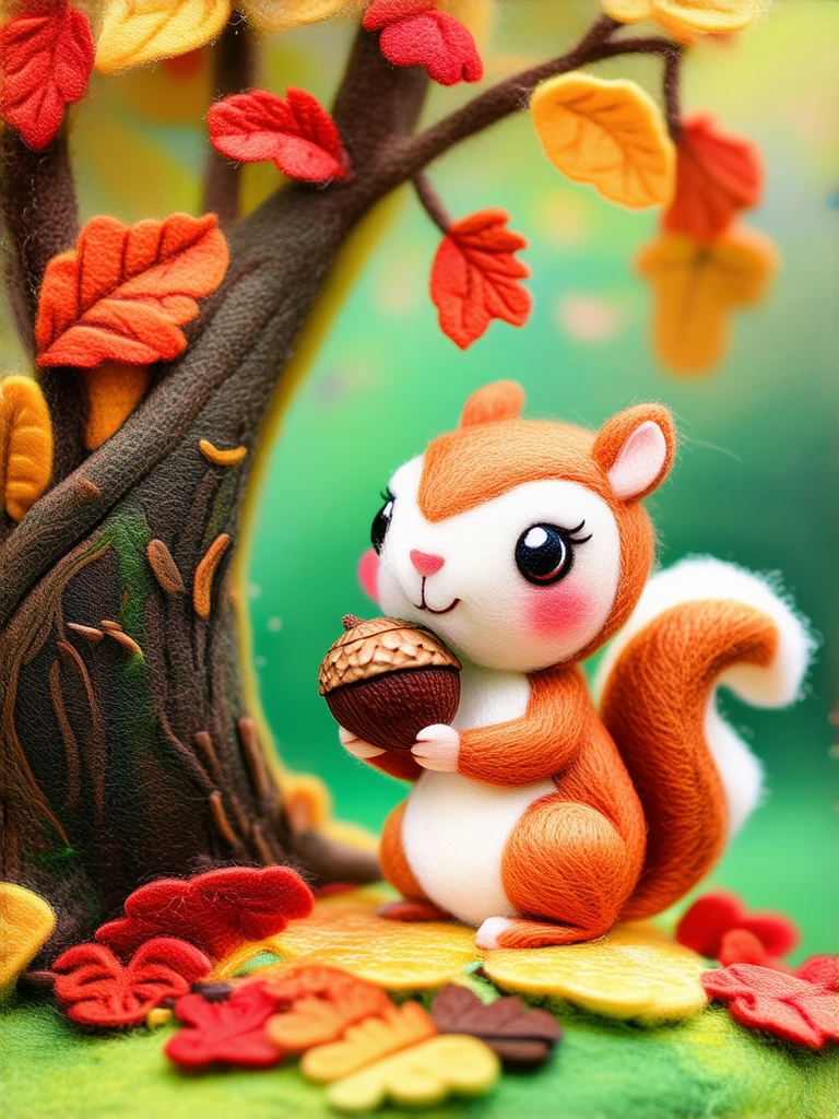 A cheeky squirrel peers around a tree trunk, munching on an acorn as autumn leaves swirl in the crisp breeze, the bright foliage a kaleidoscope of warm hues.